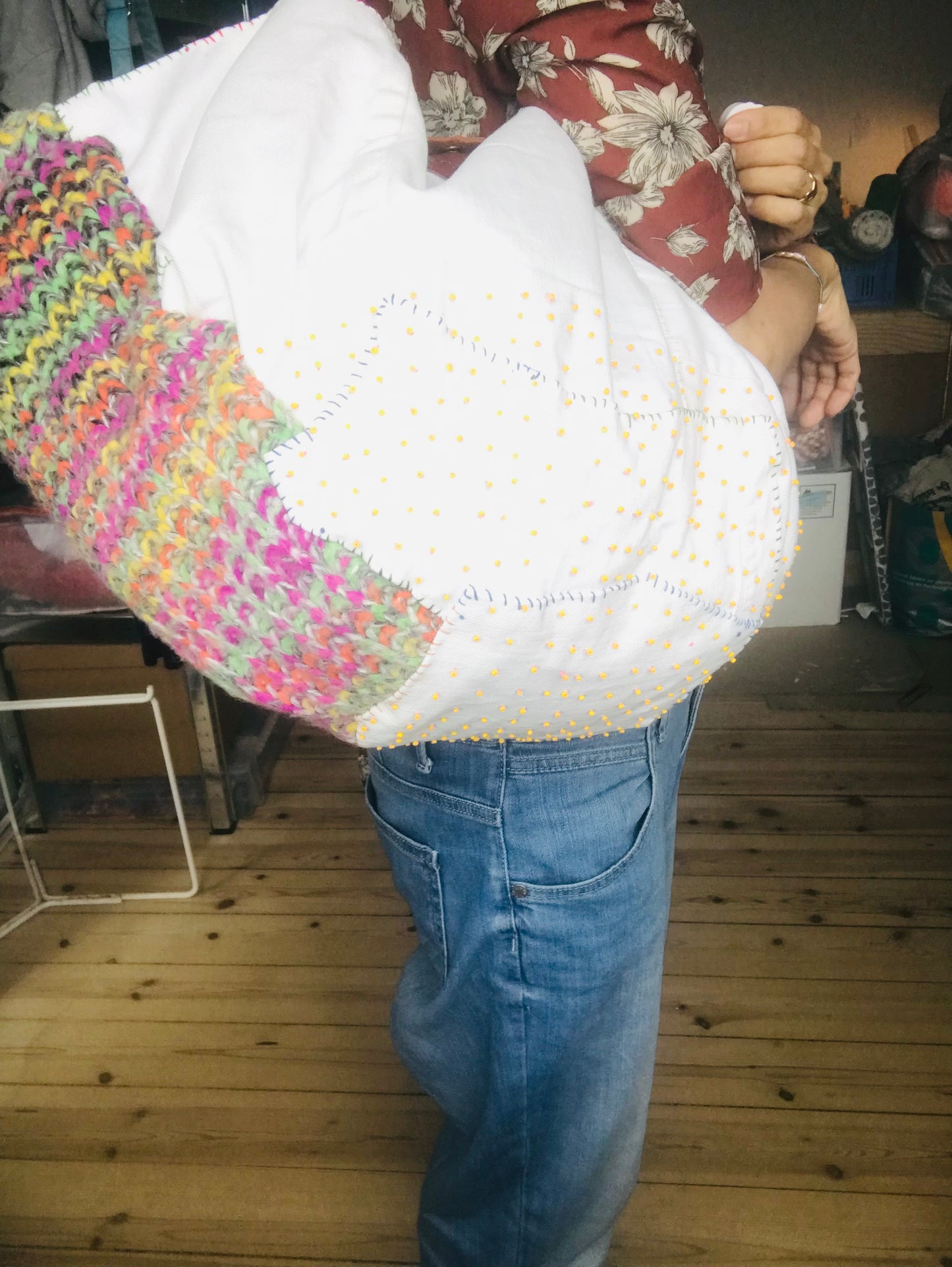 Bag   手縫いのバッグ　  布製　本革持ち手　スローファッション　ハンドメイド　1774