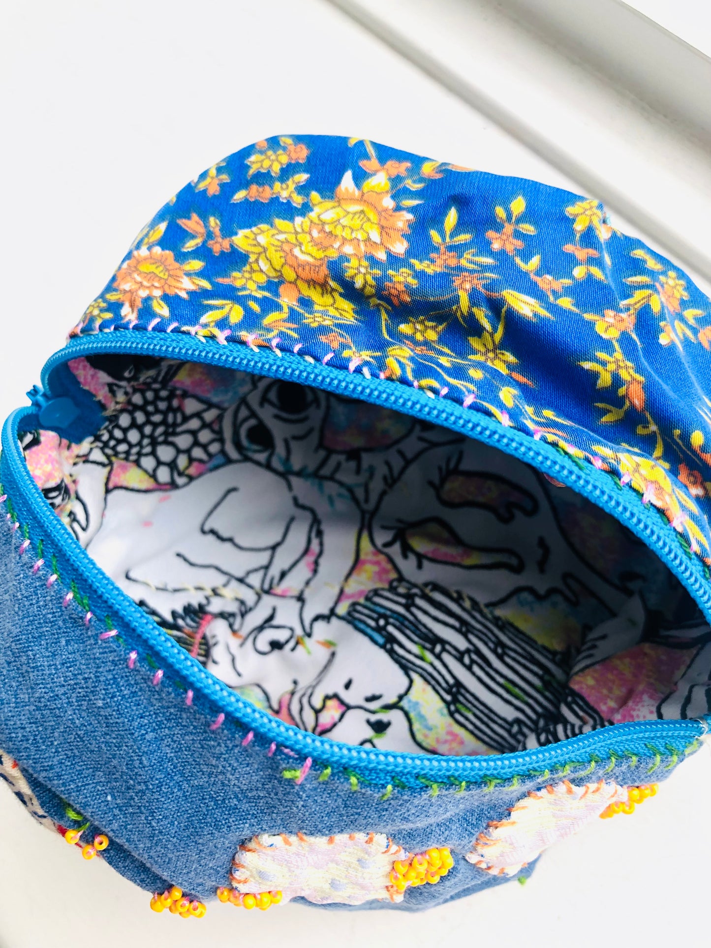 Pouch, hand-sewn, fabric, pencil case,小物入れ, handmade, bead embroidery, 2466