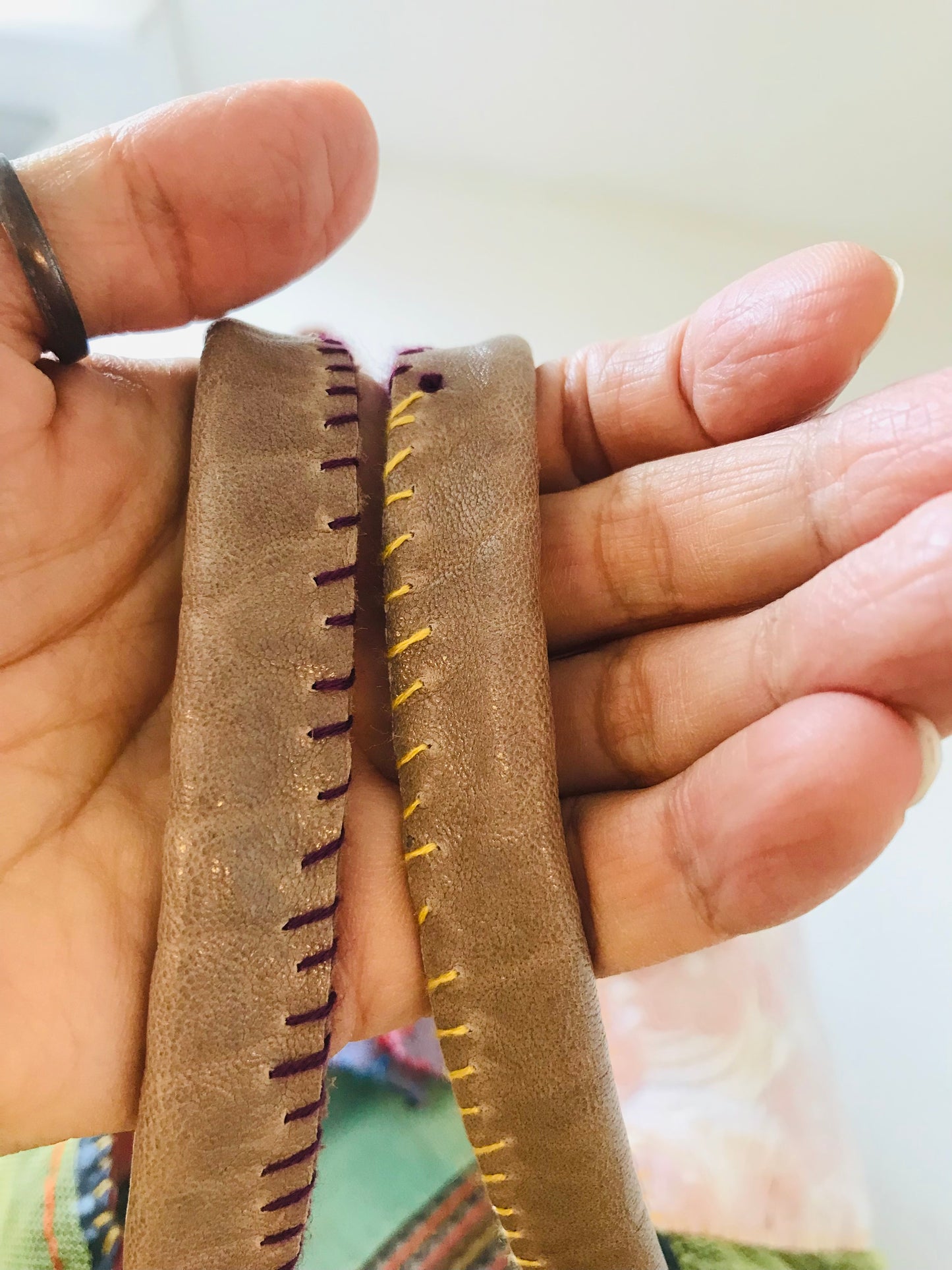Bag   手縫いのバッグ　  布製　本革持ち手　スローファッション　ハンドメイド　1819