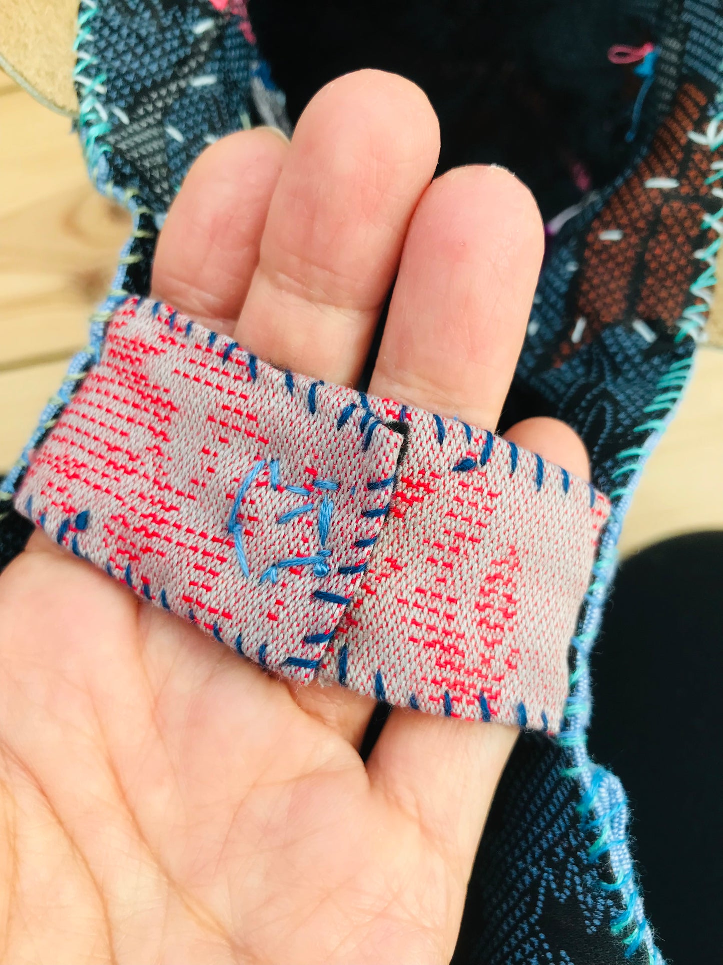 Bag   手縫いのバッグ　  布製　本革持ち手　スローファッション　ハンドメイド　1743