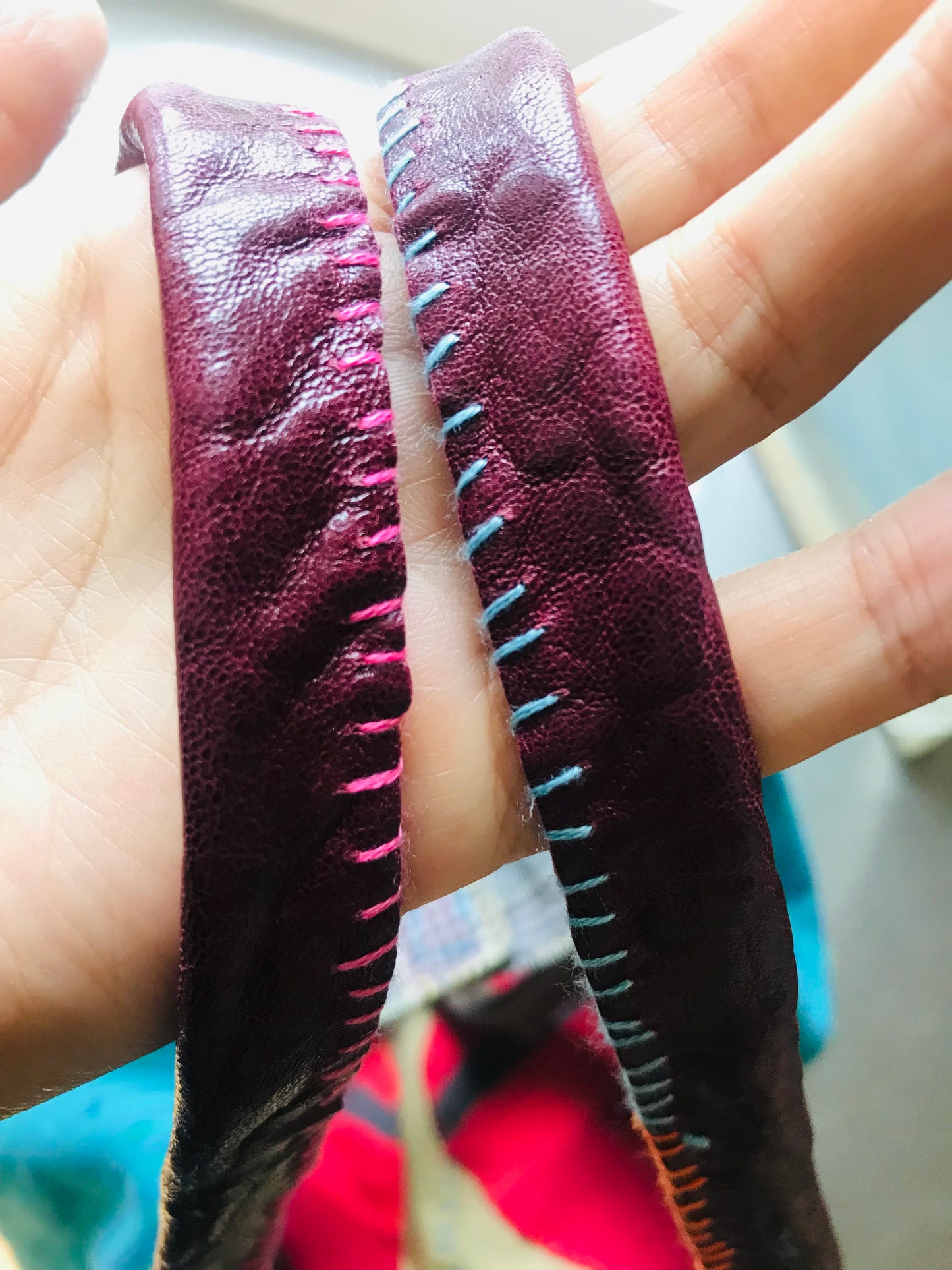 Bag   手縫いのバッグ　  布製　本革持ち手　スローファッション　ハンドメイド　1806