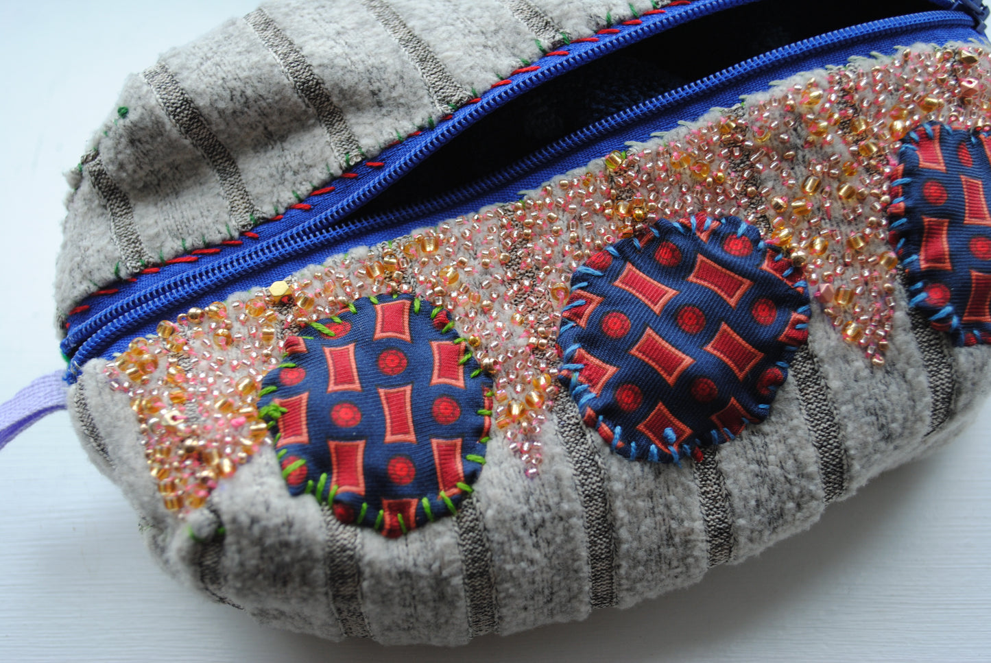 Pouch hand sewn fabric handmade bead embroidery 1783