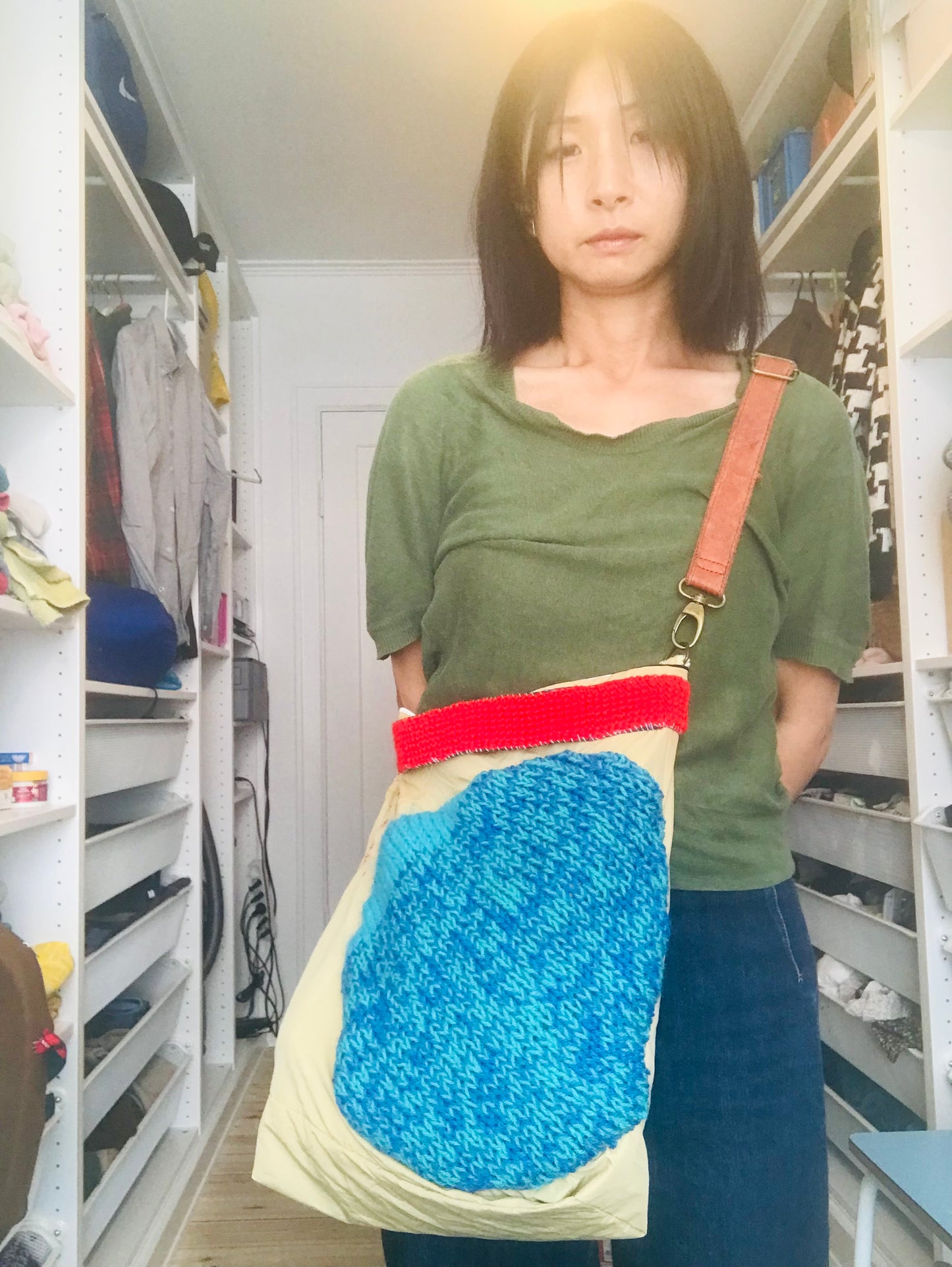 Bag   手縫いのバッグ　  布製　本革持ち手　スローファッション　ハンドメイド　1887