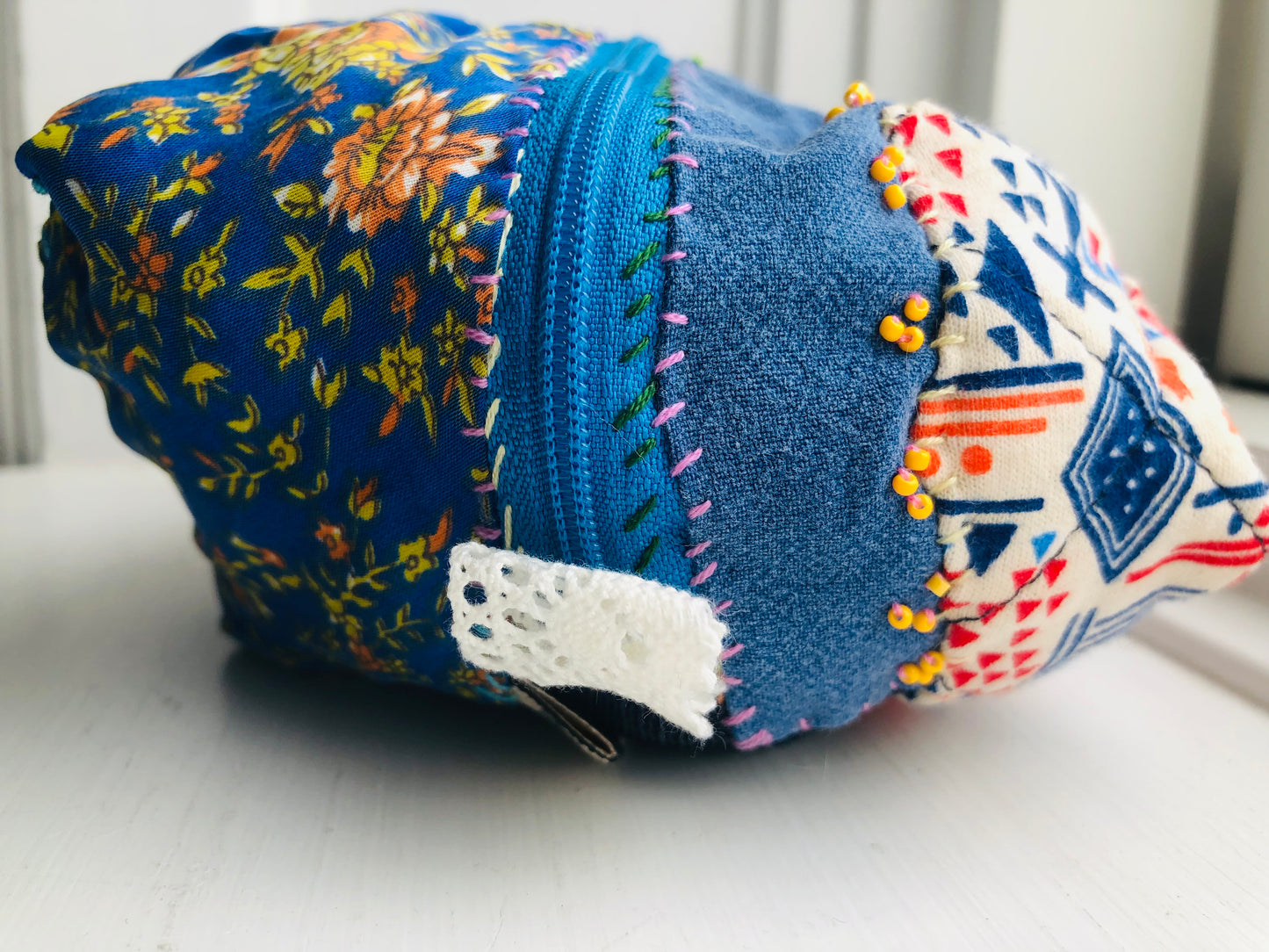 Pouch, hand-sewn, fabric, pencil case,小物入れ, handmade, bead embroidery, 2466