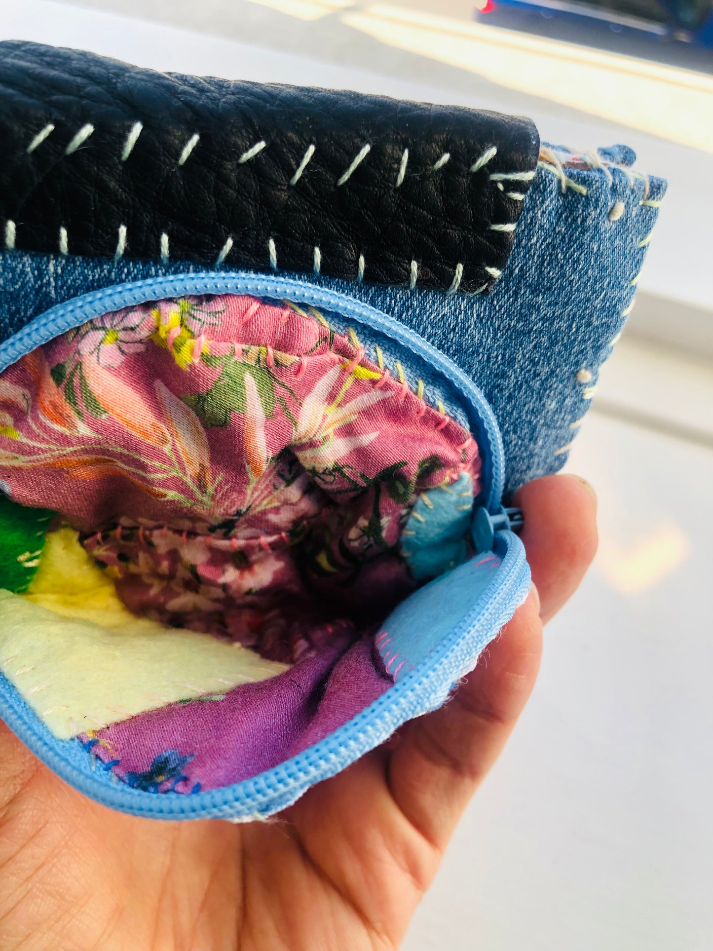 Wallet, fabric wallet, handmade, hand-stitched, embroidered, patchwork, bifold, 2443
