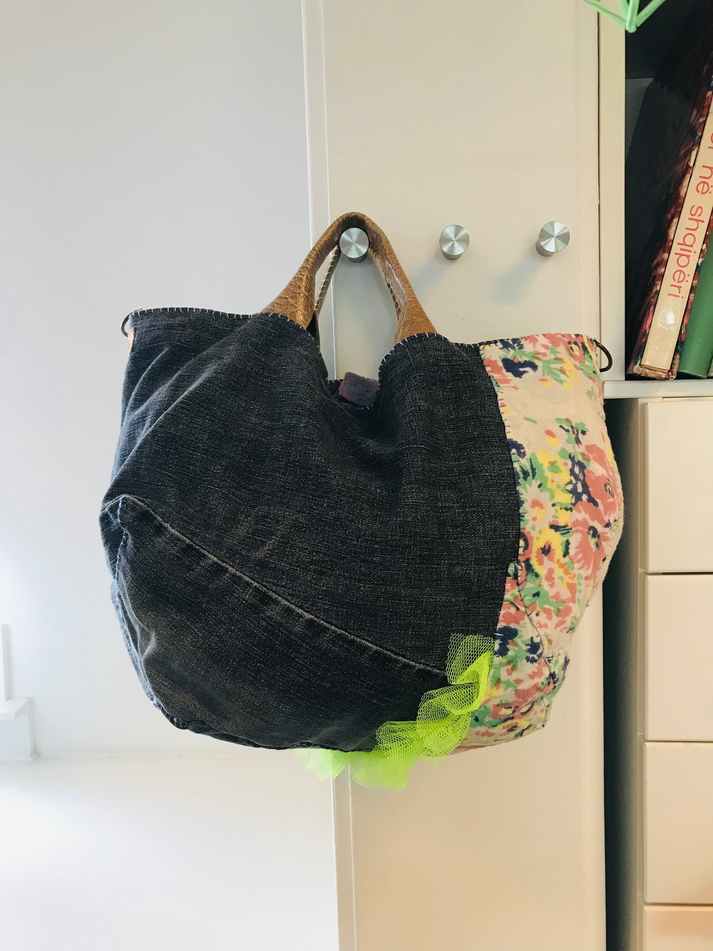 Bag   手縫いのバッグ　  布製　本革持ち手　スローファッション　ハンドメイド　1856