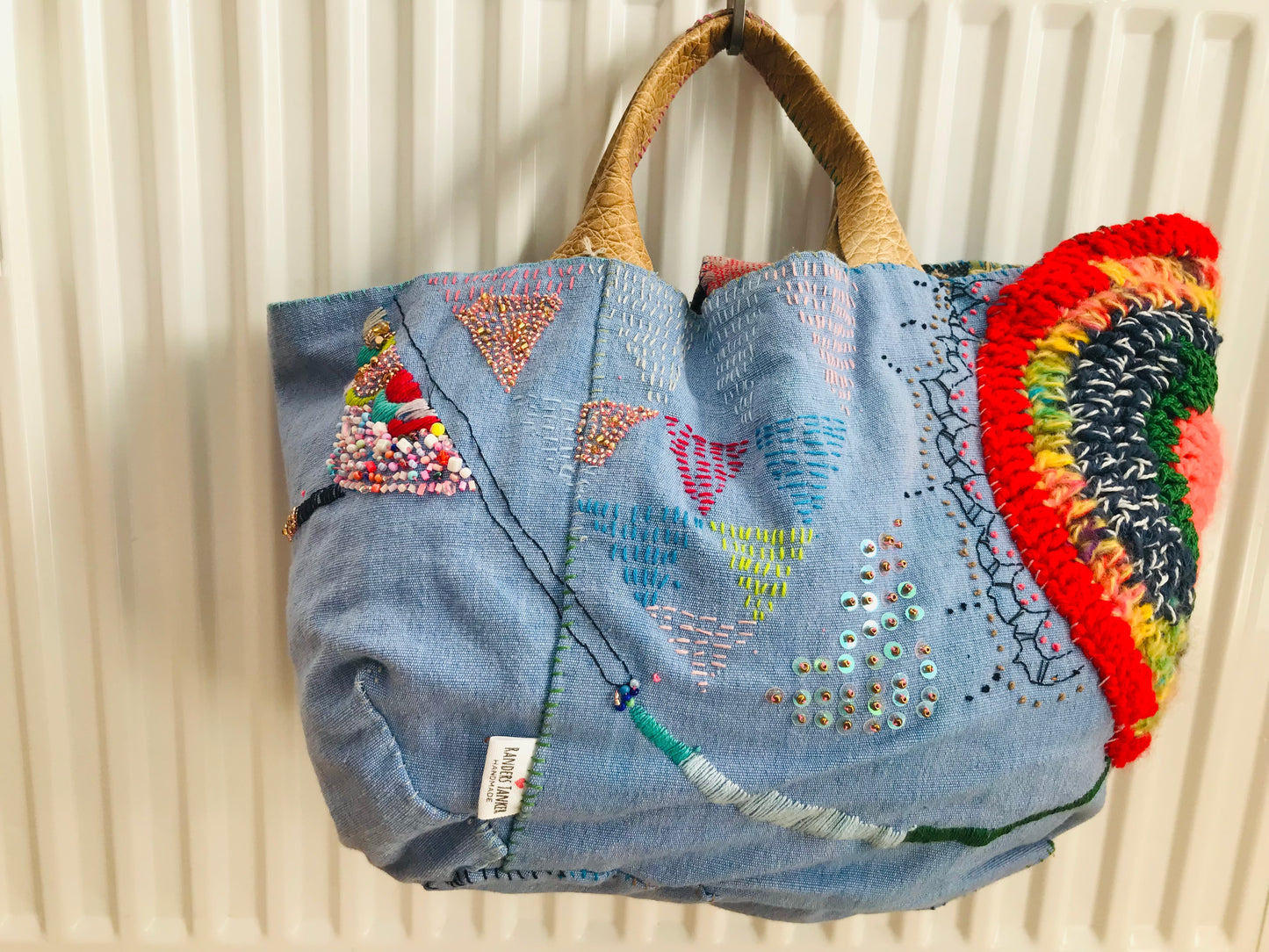 Bag   手縫いのバッグ　  布製　本革持ち手　スローファッション　ハンドメイド　1743