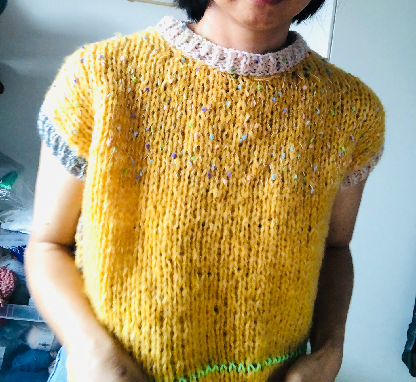 セーター　手編み　スローファッション　ファンシーヤーン　oneofakind  半袖　2520