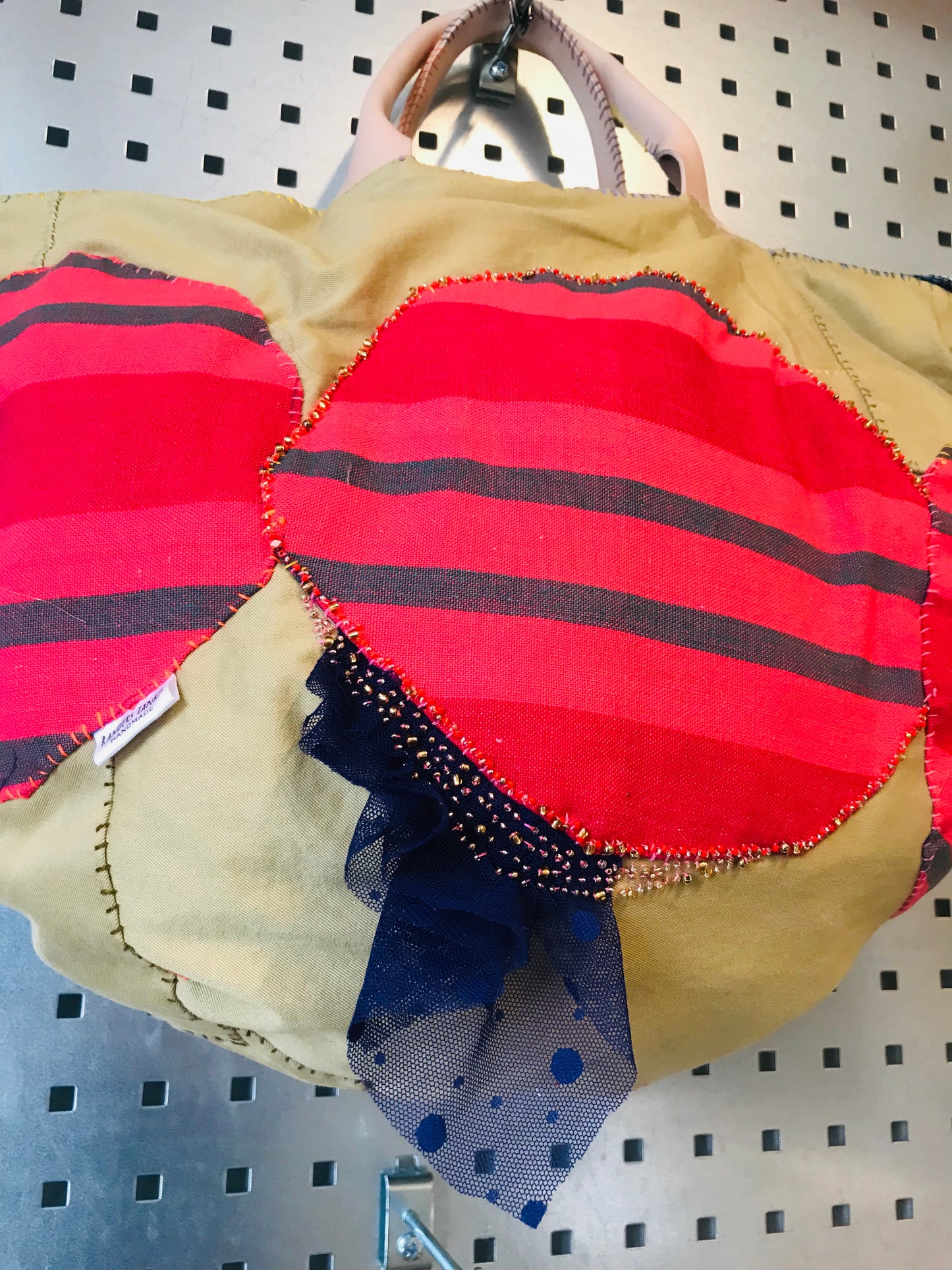 Bag   手縫いのバッグ　  布製　本革持ち手　スローファッション　ハンドメイド　1801