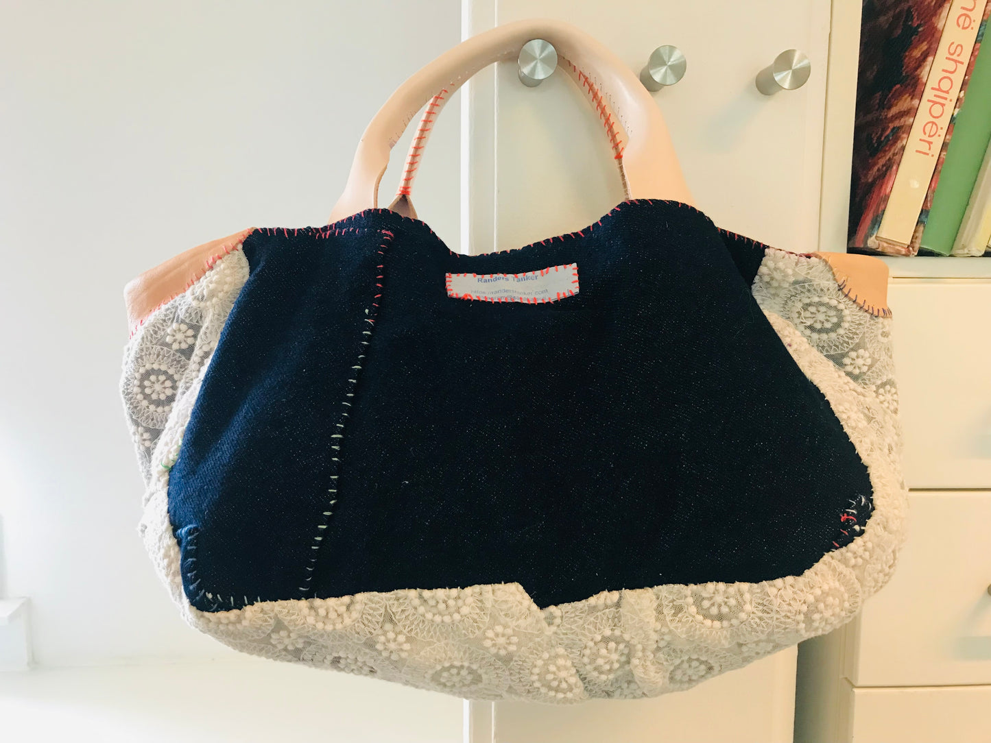Bag Hand Sewn Bag Fabric Genuine Leather Handle Slow Fashion Handmade 1854 