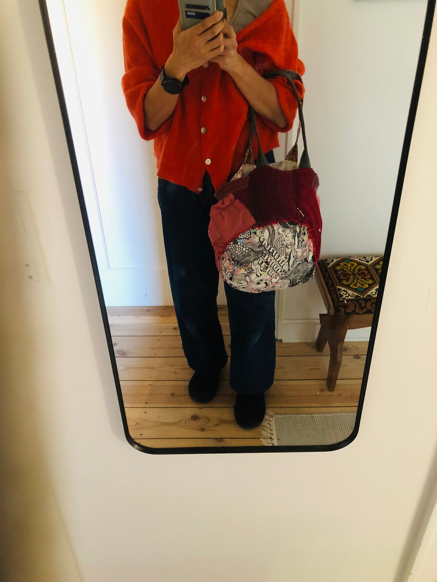 Bag 手縫いのバッグ　布製　トートバッグ　スローファッション　ワンハンドルバッグ　ハンドメイド　2405