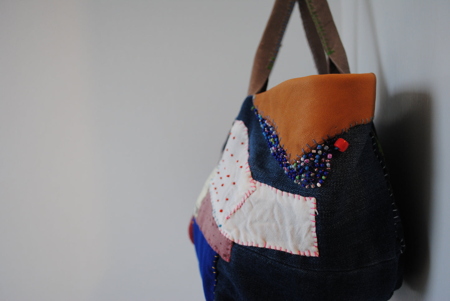 Bag Hand Sewn Bag Fabric Genuine Leather Handle Slow Fashion Handmade 1862 