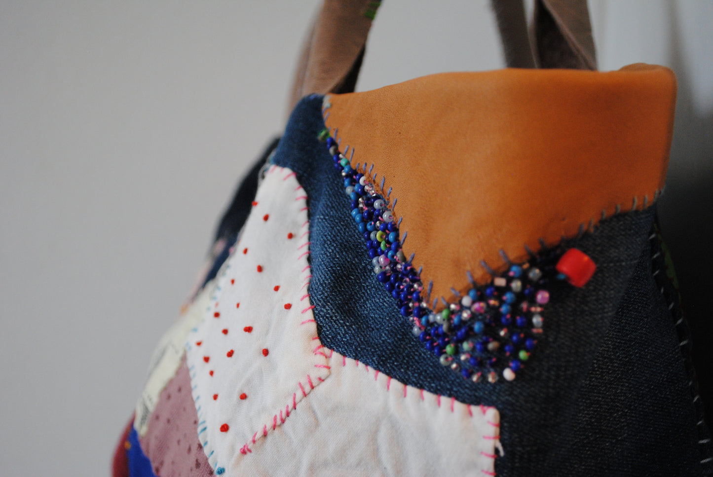 Bag Hand Sewn Bag Fabric Genuine Leather Handle Slow Fashion Handmade 1862 