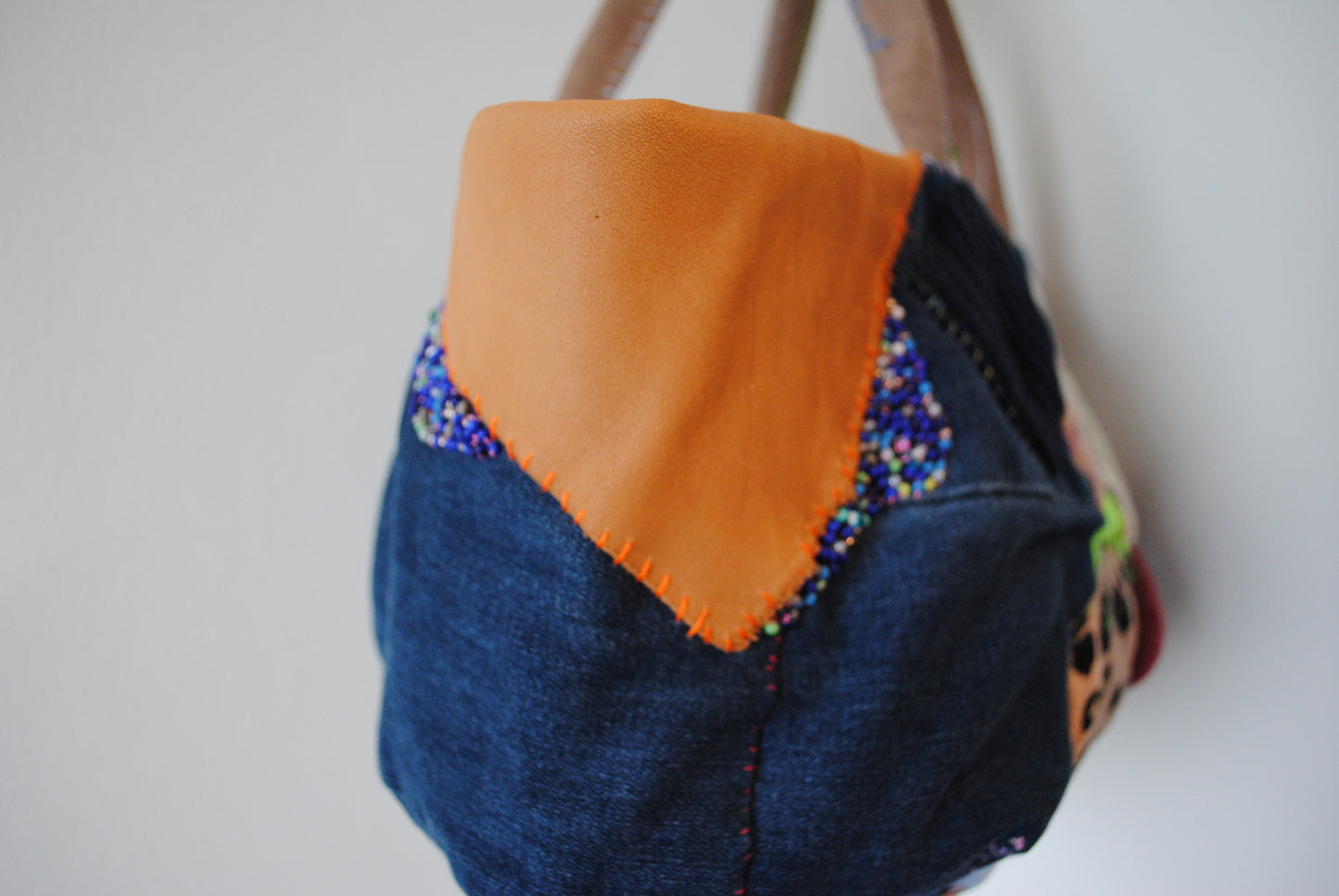 Bag Hand Sewn Bag Fabric Genuine Leather Handle Slow Fashion Handmade 1862 