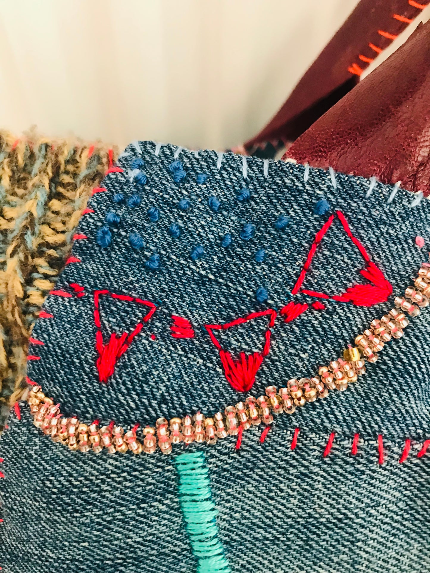 Bag   手縫いのバッグ　  布製　本革持ち手　スローファッション　ハンドメイド　1732