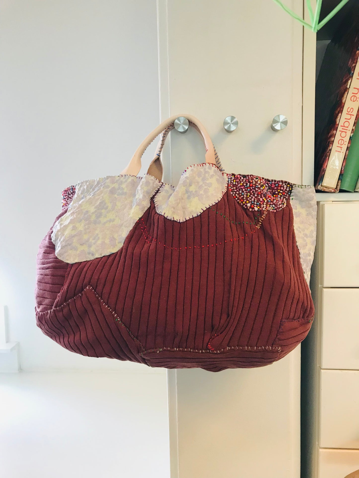 Bag   手縫いのバッグ　  布製　本革持ち手　スローファッション　ハンドメイド　1820