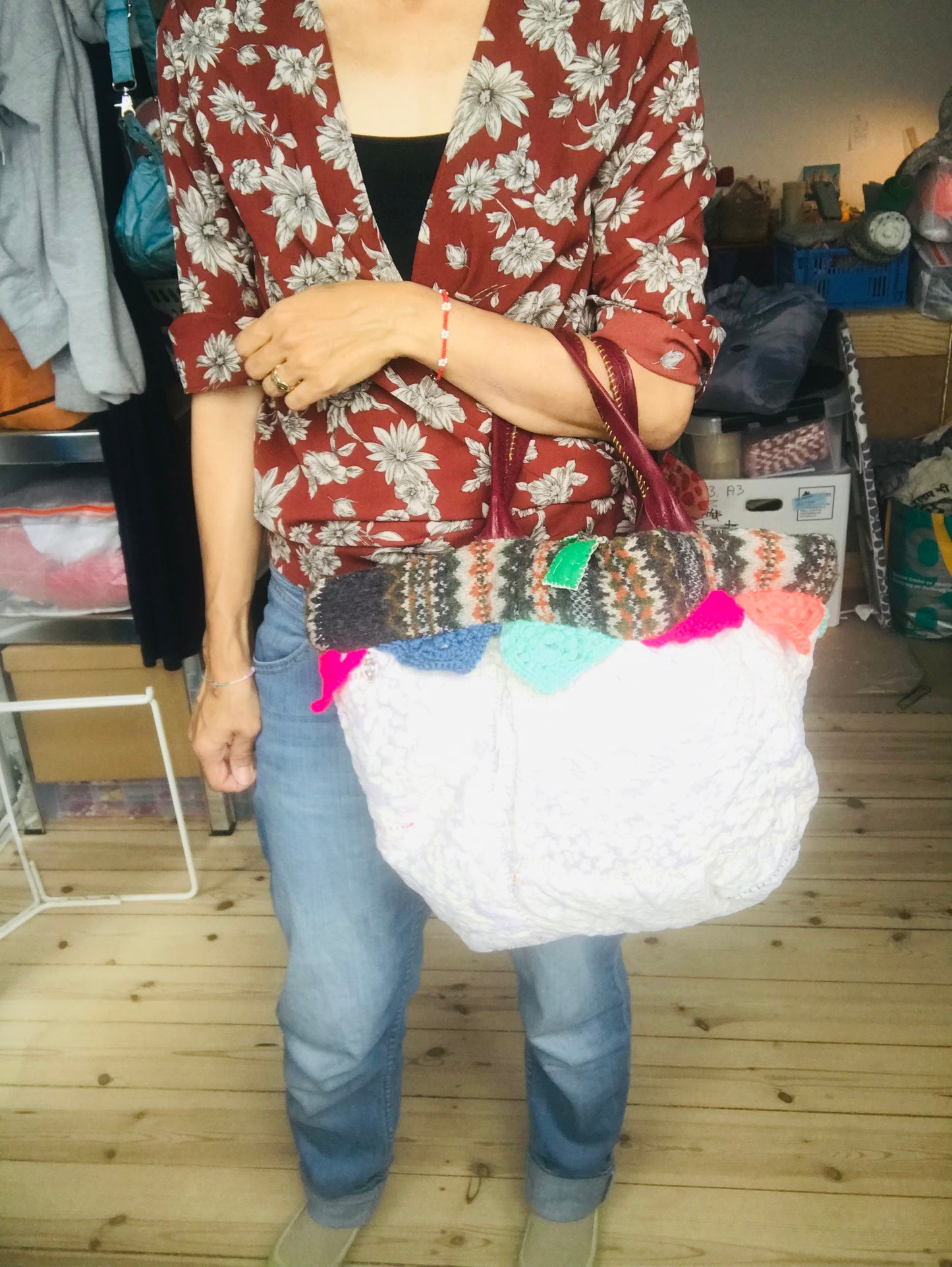 Bag   手縫いのバッグ　  布製　本革持ち手　スローファッション　ハンドメイド　1778