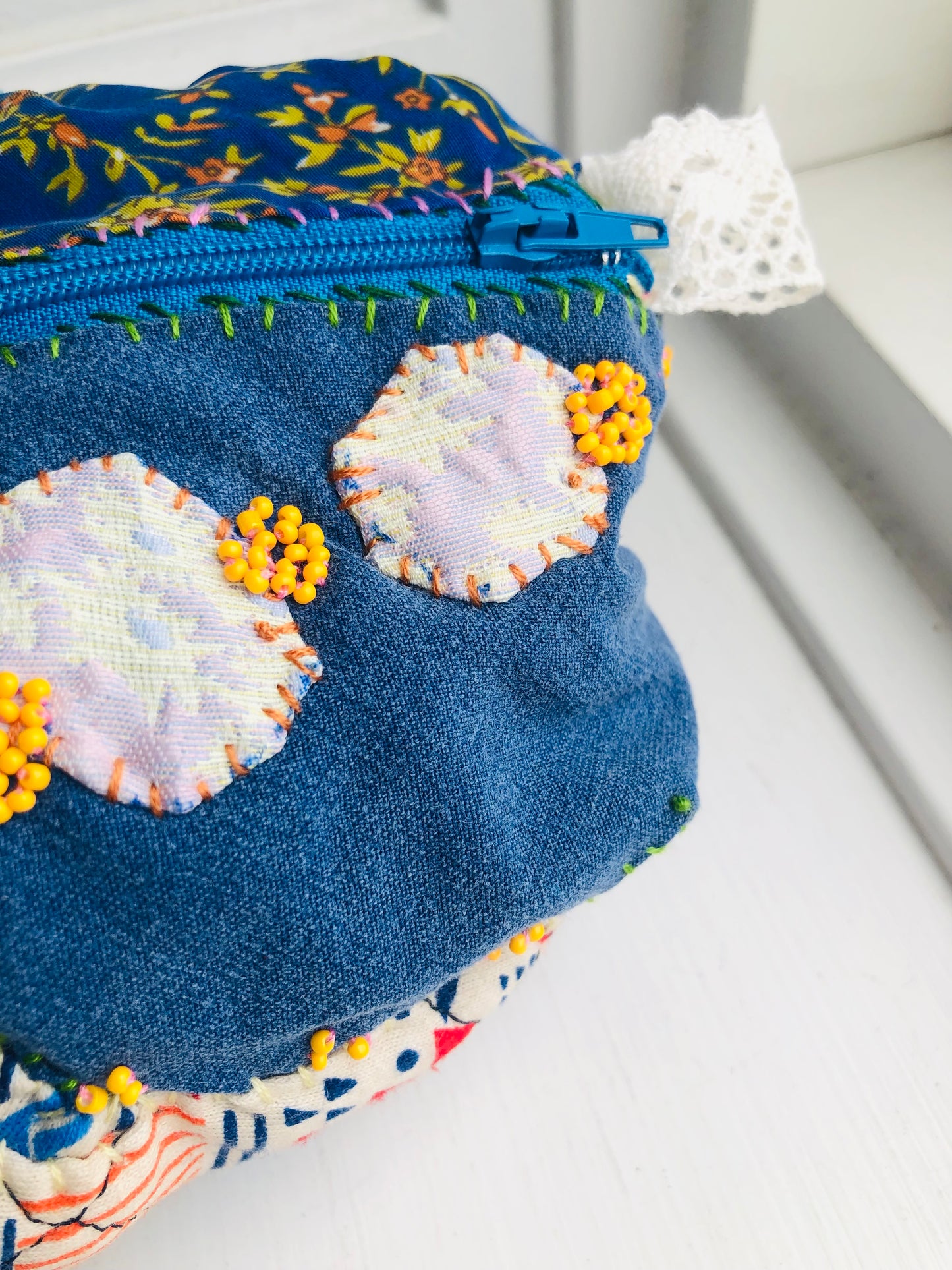 Pouch, hand-sewn, fabric, pencil case,小物入れ, handmade, bead embroidery, 2466