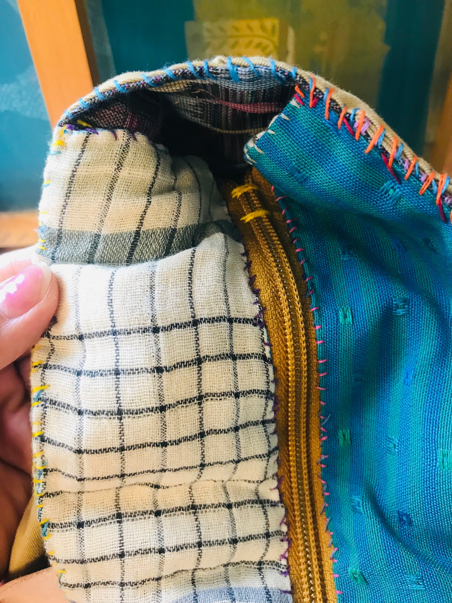 Bag   手縫いのバッグ　  布製　本革持ち手　スローファッション　ハンドメイド　1801