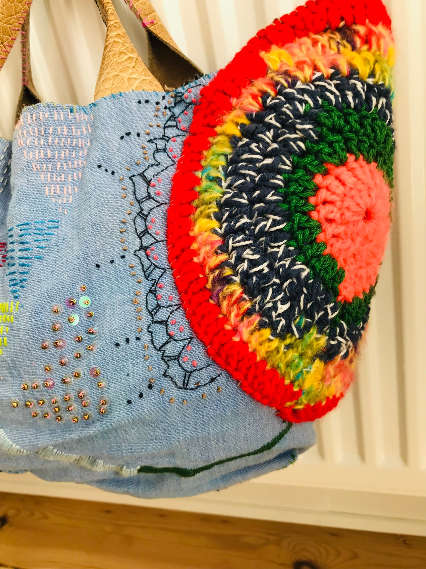 Bag   手縫いのバッグ　  布製　本革持ち手　スローファッション　ハンドメイド　1743