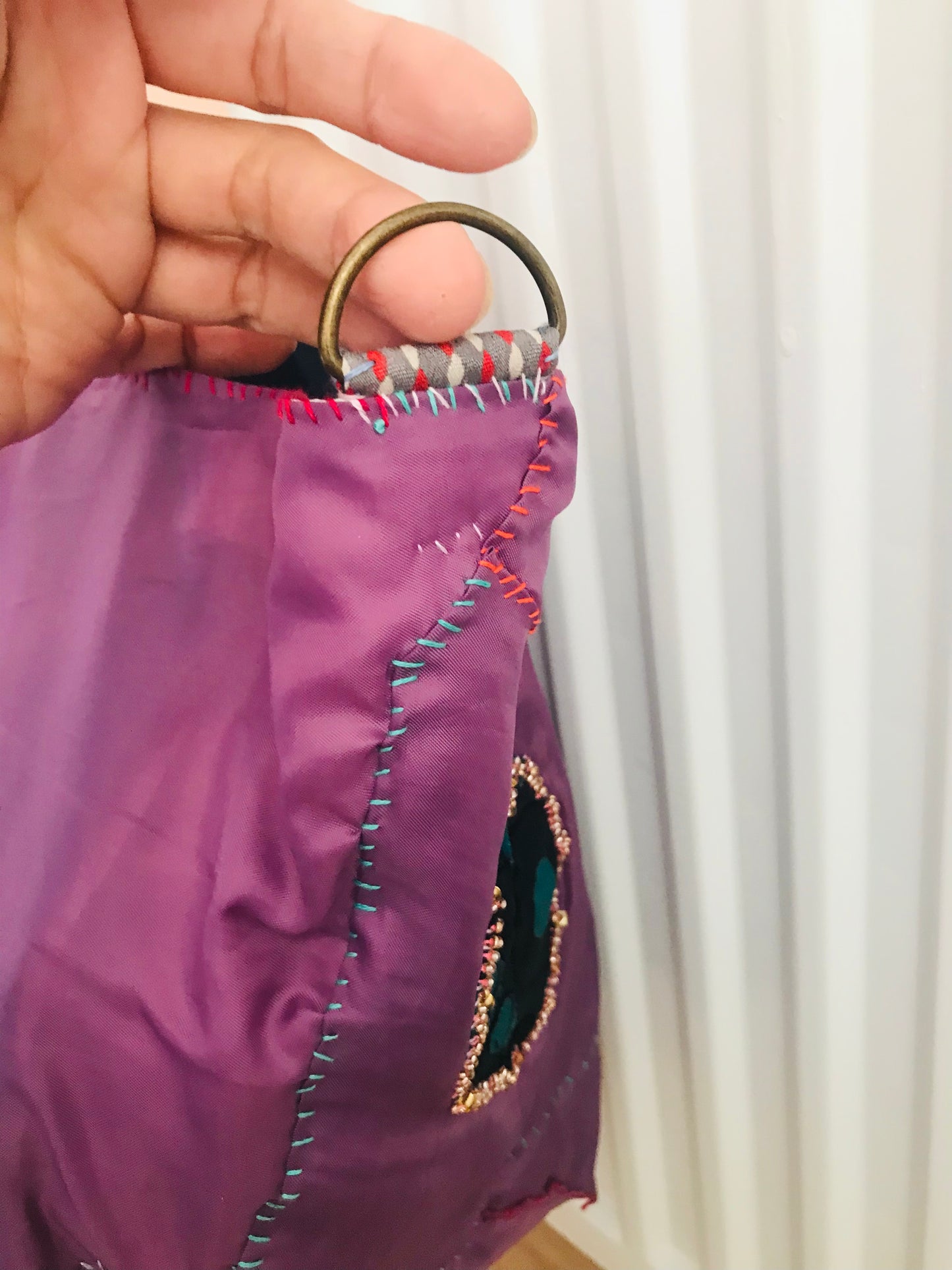 Bag   手縫いのバッグ　  布製　本革持ち手　スローファッション　ハンドメイド　1733