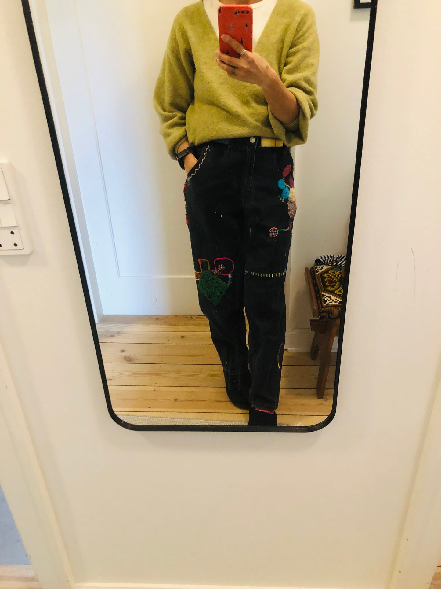 Denim Jeans Make-Over, Vintage Denim, Fabric, Slow Fashion, Embroidered, Hand-Embroidered, Reclaimed, Handmade, Size 38, 2388