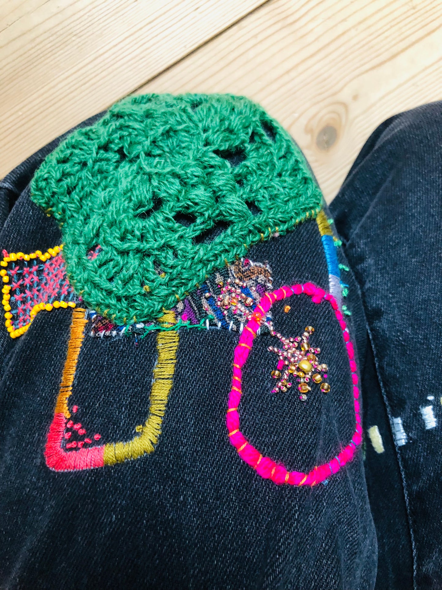 Denim Jeans Make-Over, Vintage Denim, Fabric, Slow Fashion, Embroidered, Hand-Embroidered, Reclaimed, Handmade, Size 38, 2388