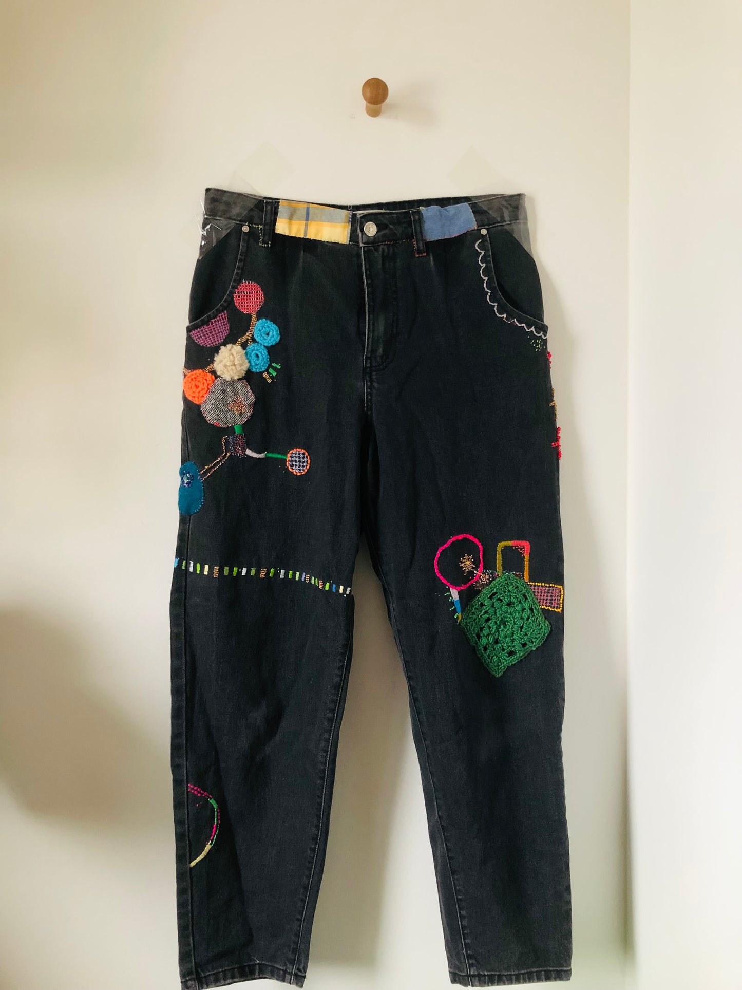 Denim Jeans Make-Over, Vintage Denim, Fabric, Slow Fashion, Embroidered, Hand-Embroidered, Reclaimed, Handmade, Size 38, 2388