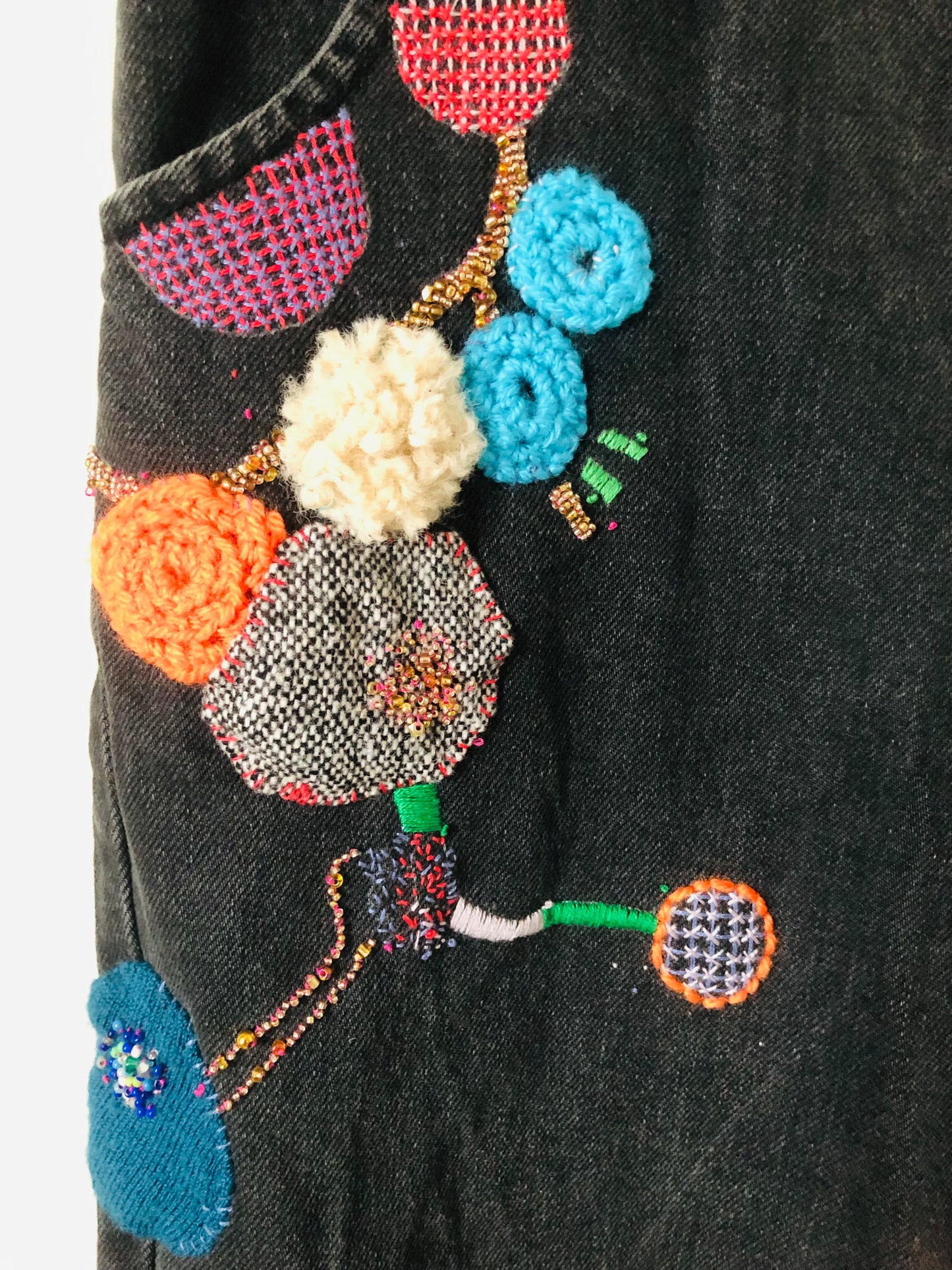 Denim Jeans Make-Over, Vintage Denim, Fabric, Slow Fashion, Embroidered, Hand-Embroidered, Reclaimed, Handmade, Size 38, 2388