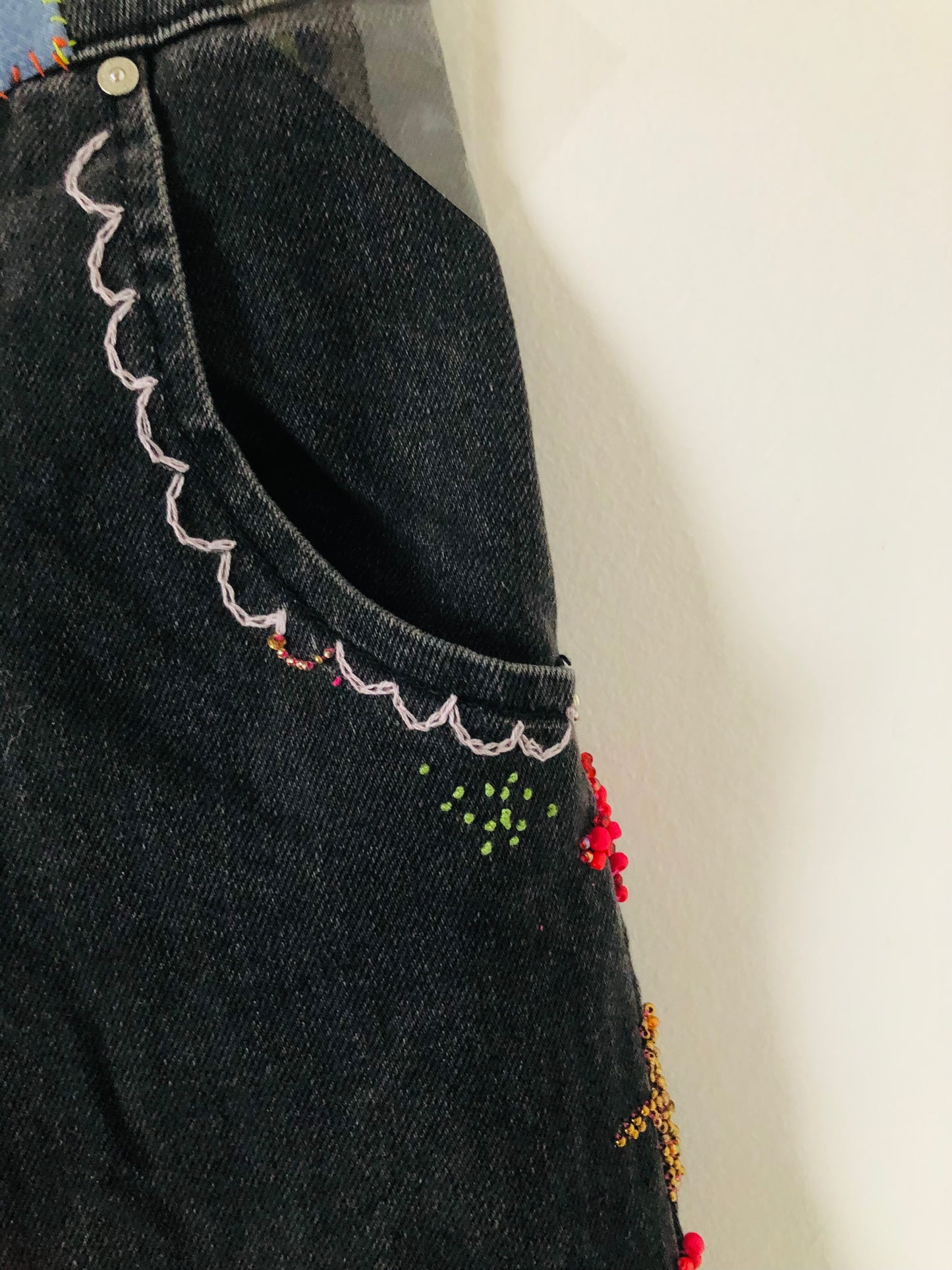 Denim Jeans Make-Over, Vintage Denim, Fabric, Slow Fashion, Embroidered, Hand-Embroidered, Reclaimed, Handmade, Size 38, 2388