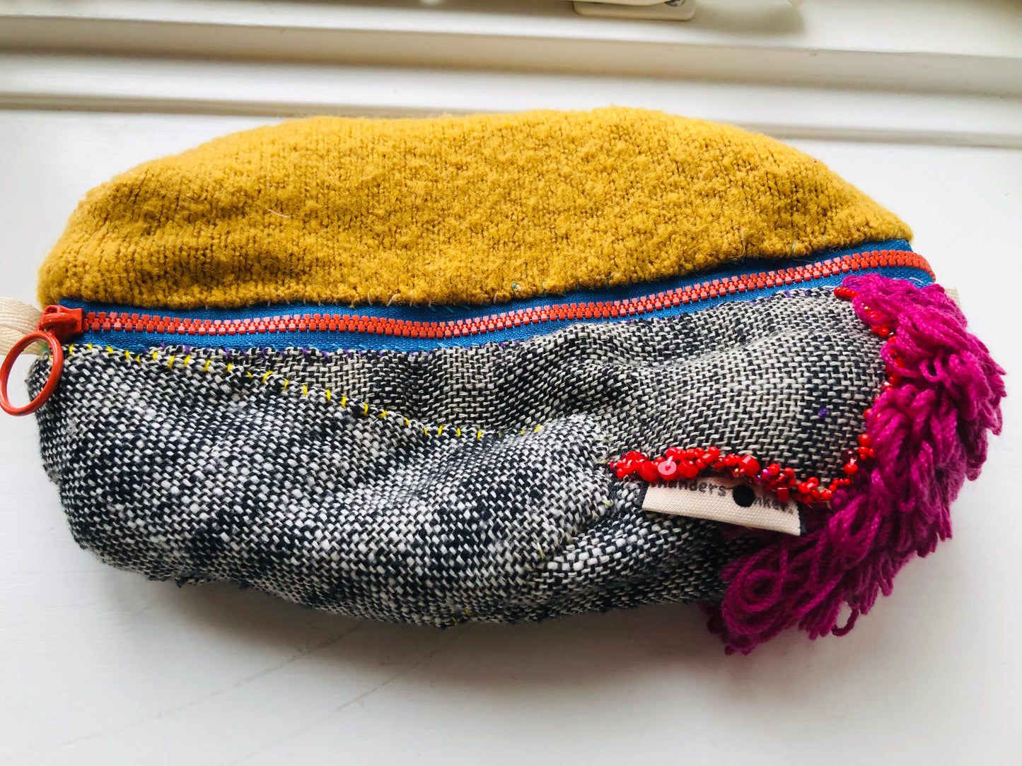 Hand-sewn fabric pouch, pencil case, accessory case, handmade with bead embroidery, 2387