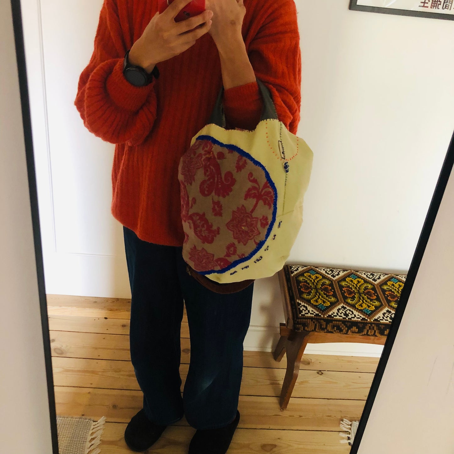 Bag 手縫いのバッグ　布製　トートバッグ　スローファッション　ワンハンドルバッグ　ハンドメイド　2394