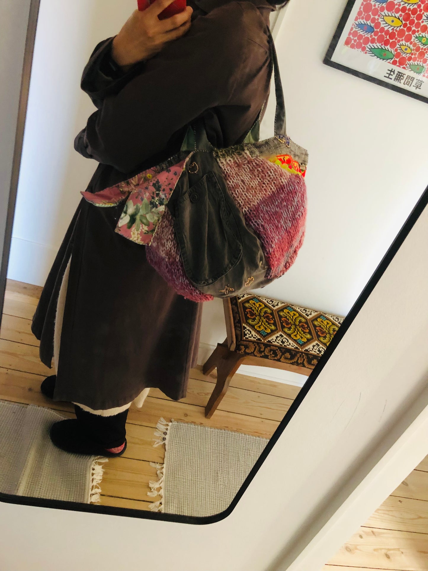 Bag 手縫いのバッグ　布製　トートバッグ　スローファッション　ワンハンドルバッグ　ハンドメイド　2398