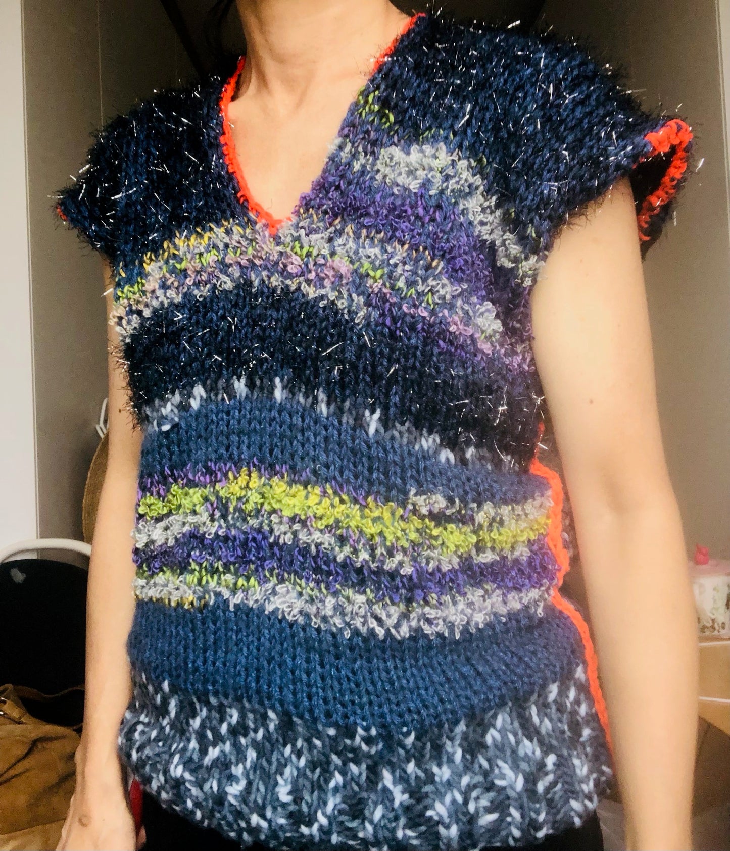 Sweater Hand Knitted Slow Fashion Fancy Yarn Oneofakind Short Mohair 2188