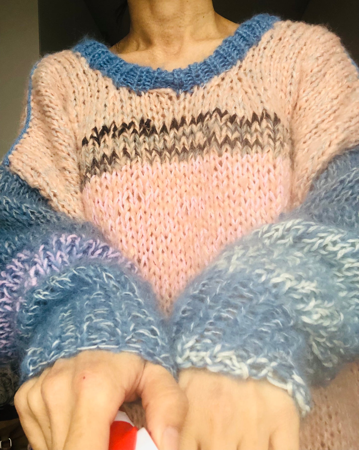 Sweater Hand Knitted Slow Fashion Fancy Yarn Oneofakind Short Mohair 2187