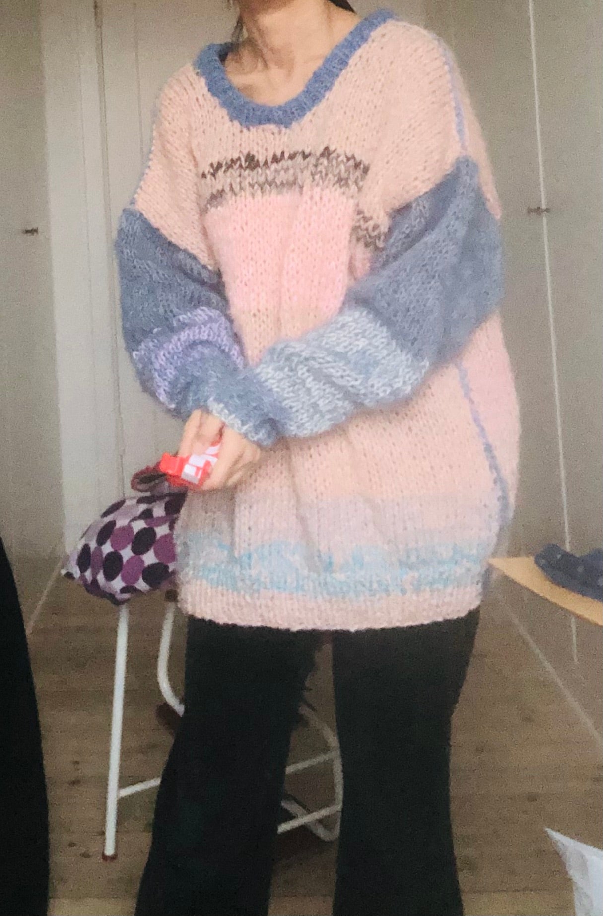 Sweater Hand Knitted Slow Fashion Fancy Yarn Oneofakind Short Mohair 2187