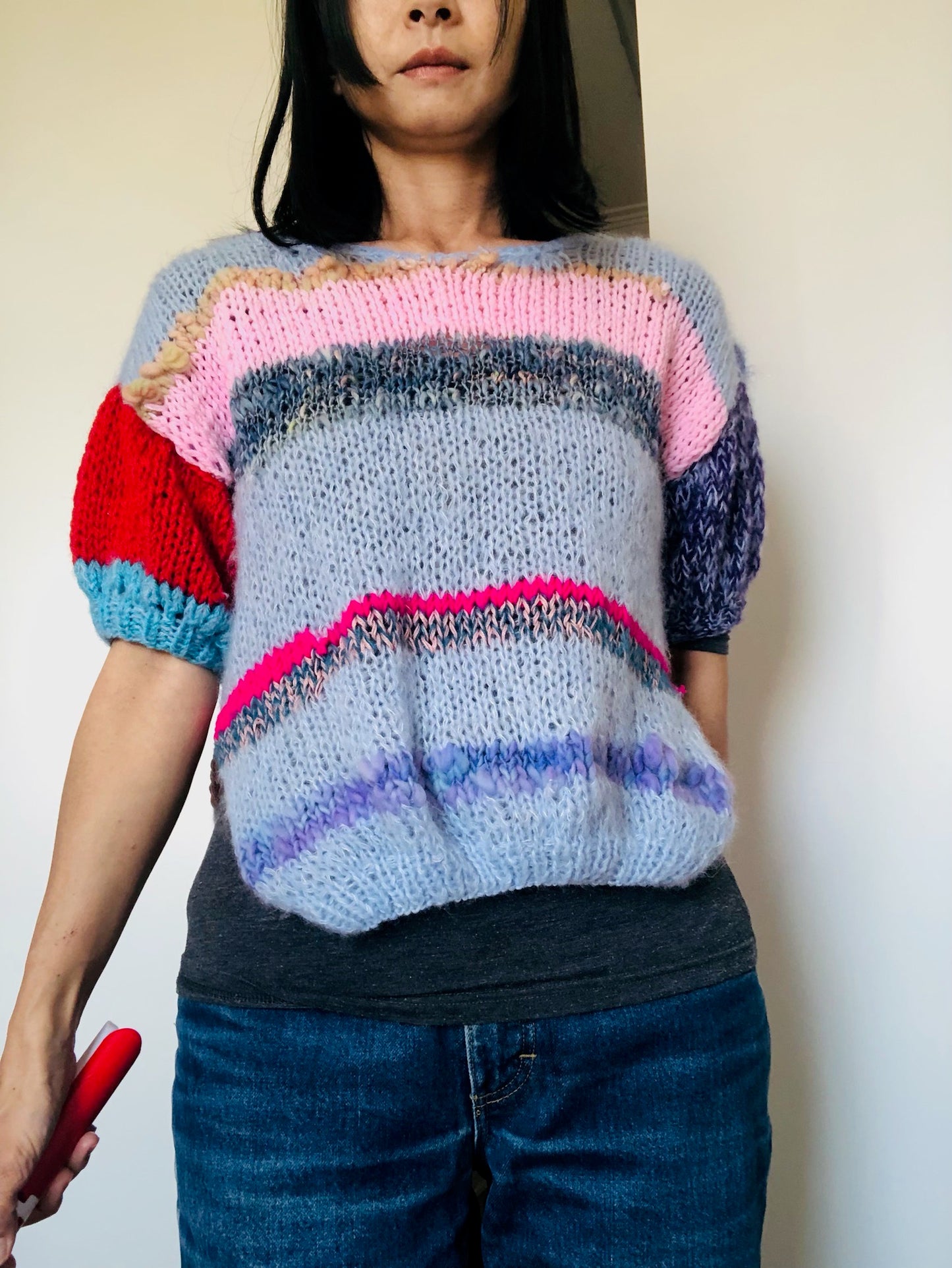 Sweater Hand Knitted Slow Fashion Fancy Yarn Oneofakind Short Mohair 2209