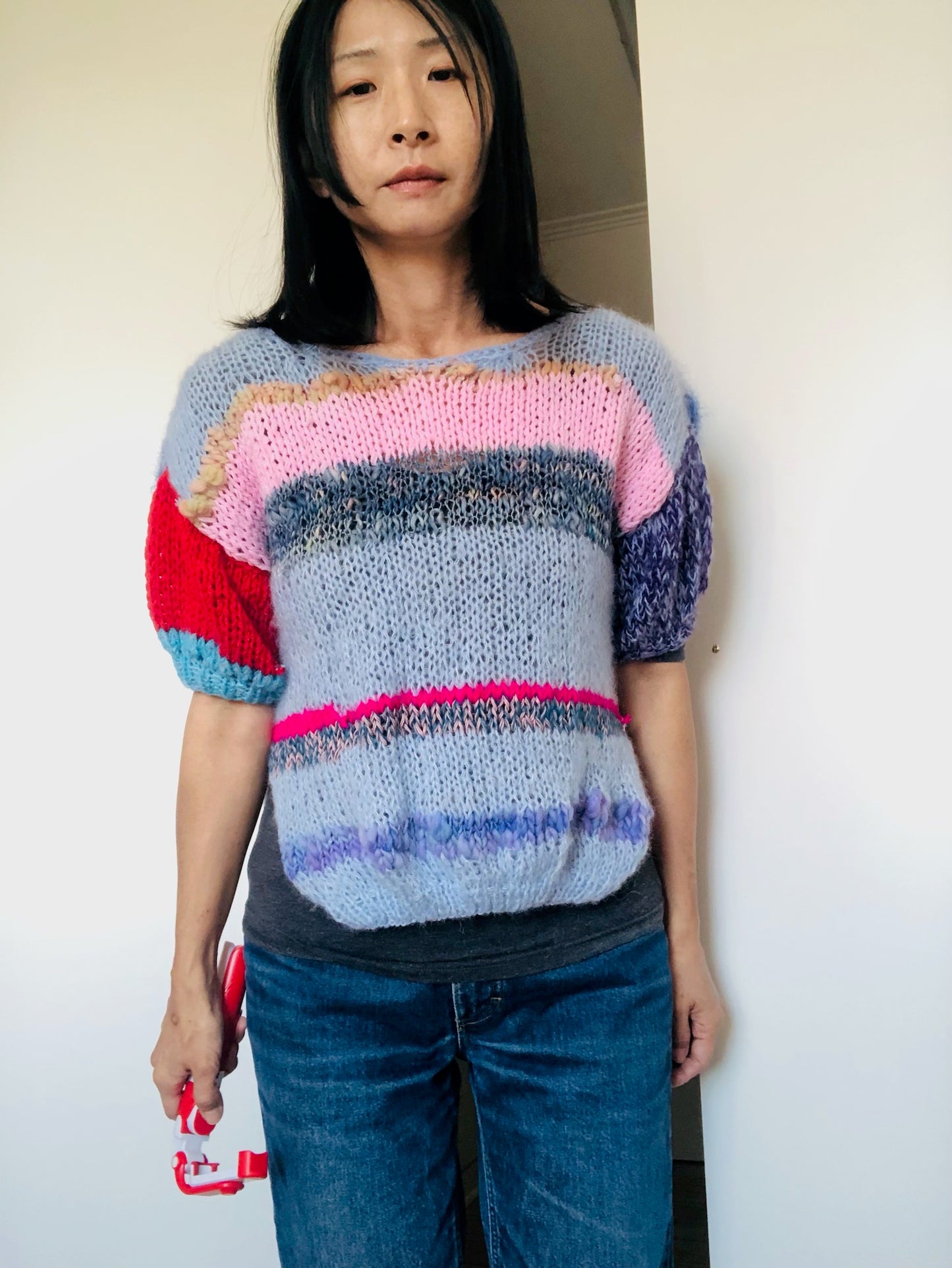 Sweater Hand Knitted Slow Fashion Fancy Yarn Oneofakind Short Mohair 2209