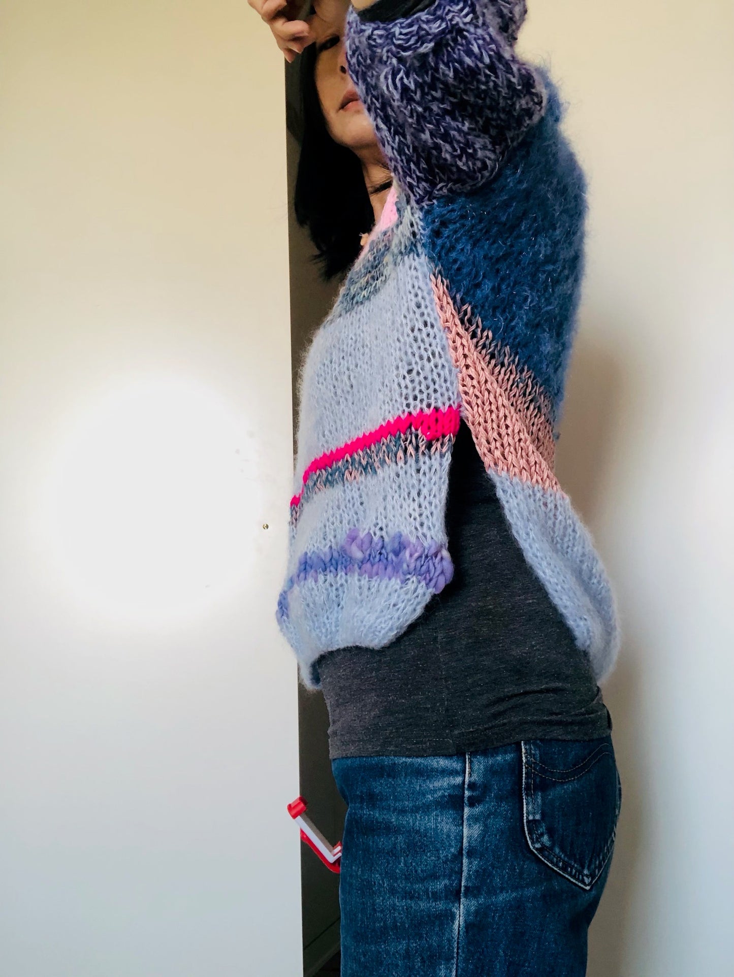 Sweater Hand Knitted Slow Fashion Fancy Yarn Oneofakind Short Mohair 2209