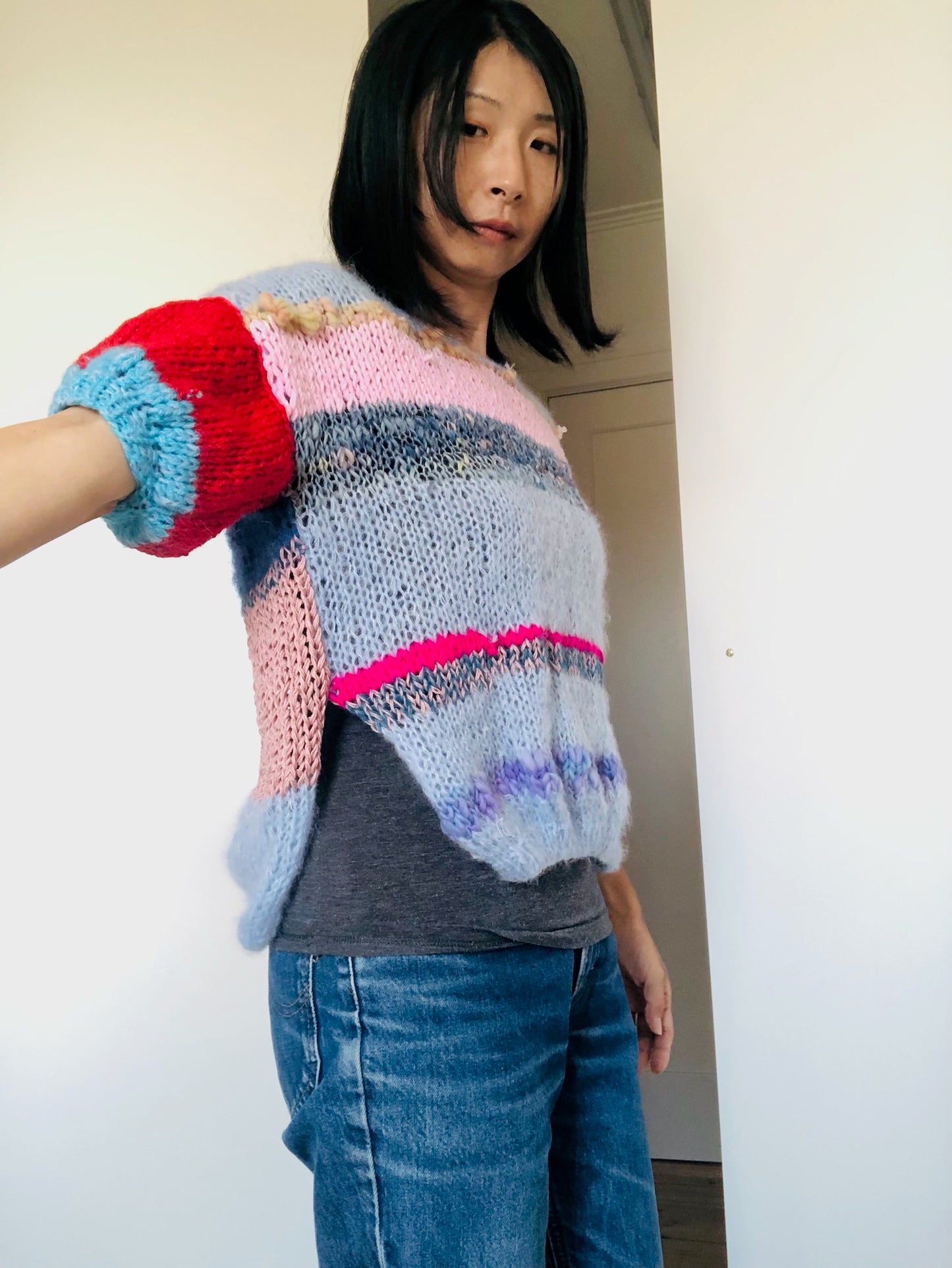 Sweater Hand Knitted Slow Fashion Fancy Yarn Oneofakind Short Mohair 2209