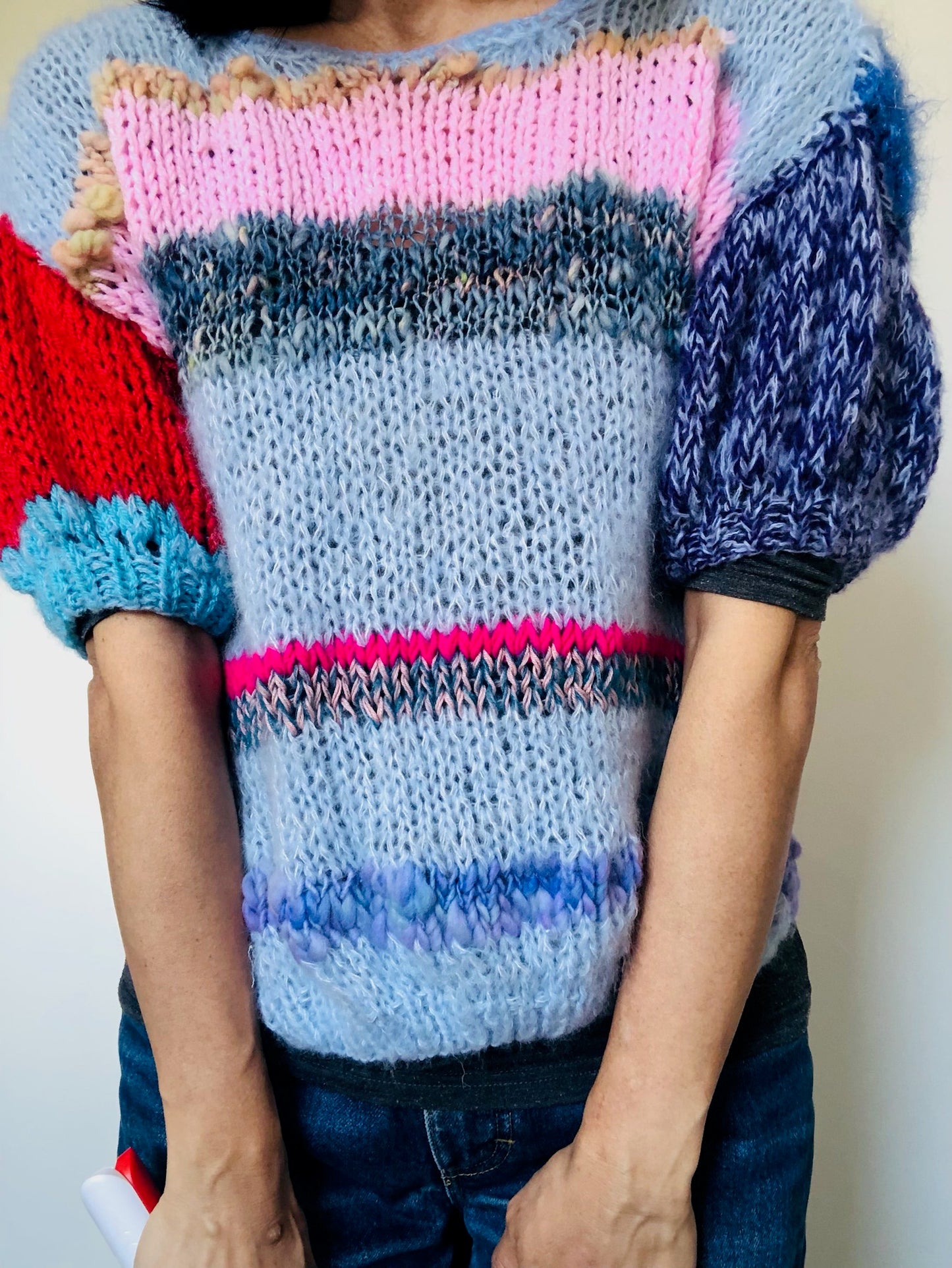 Sweater Hand Knitted Slow Fashion Fancy Yarn Oneofakind Short Mohair 2209