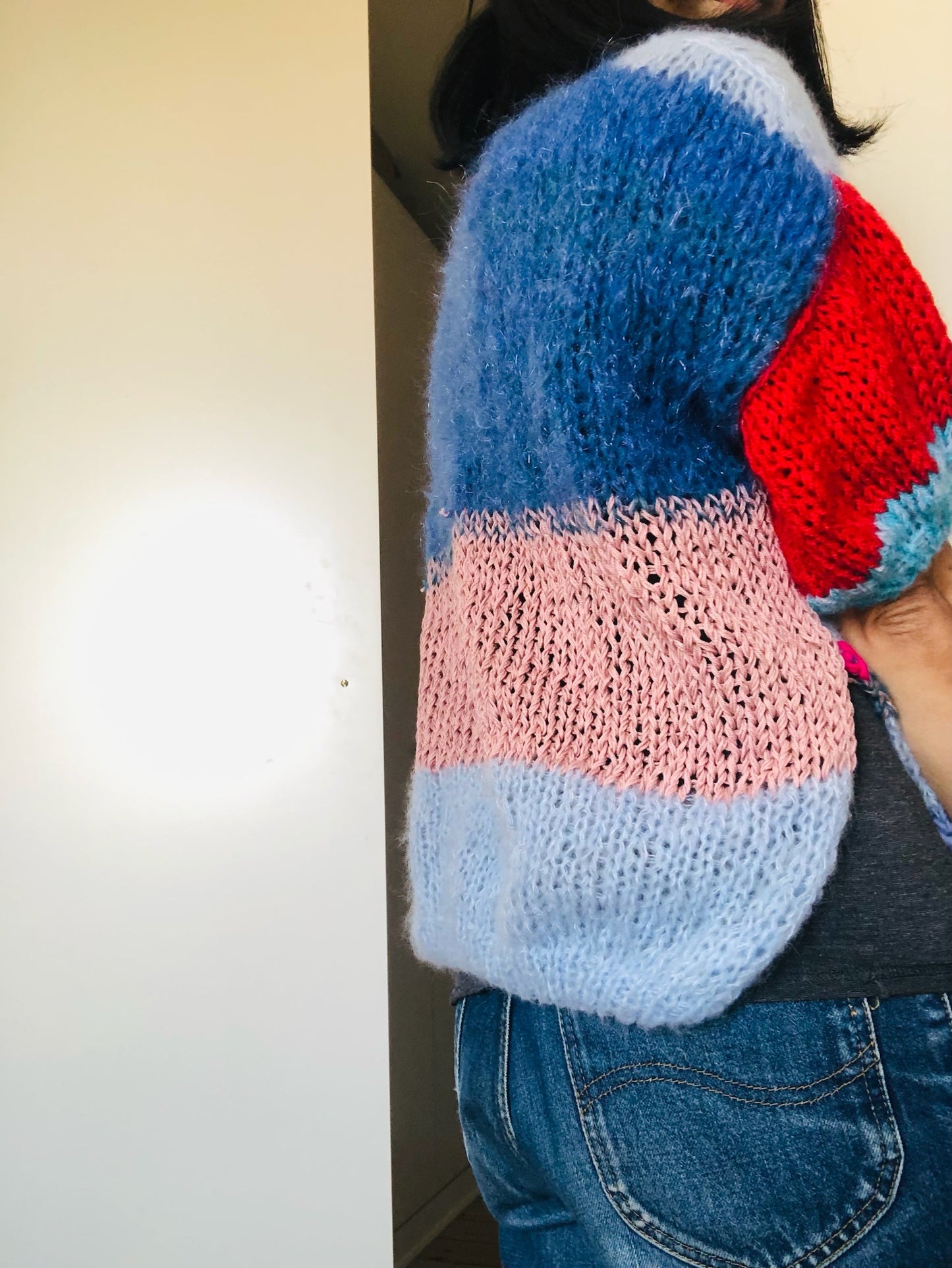 Sweater Hand Knitted Slow Fashion Fancy Yarn Oneofakind Short Mohair 2209