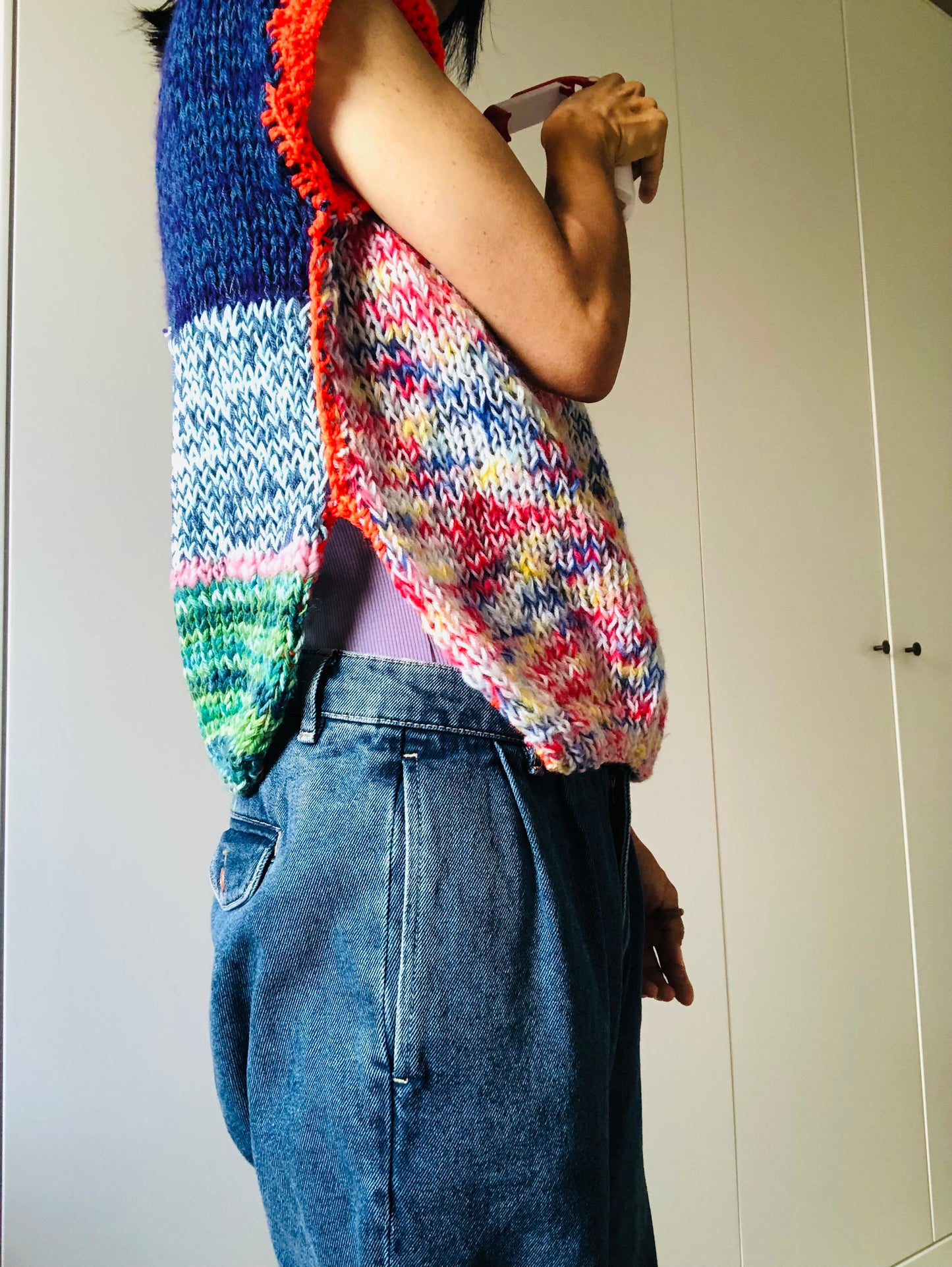 Hand-knitted sweater, slow fashion, fancy yarn, oneofakind, short sleeves, short length, 2258