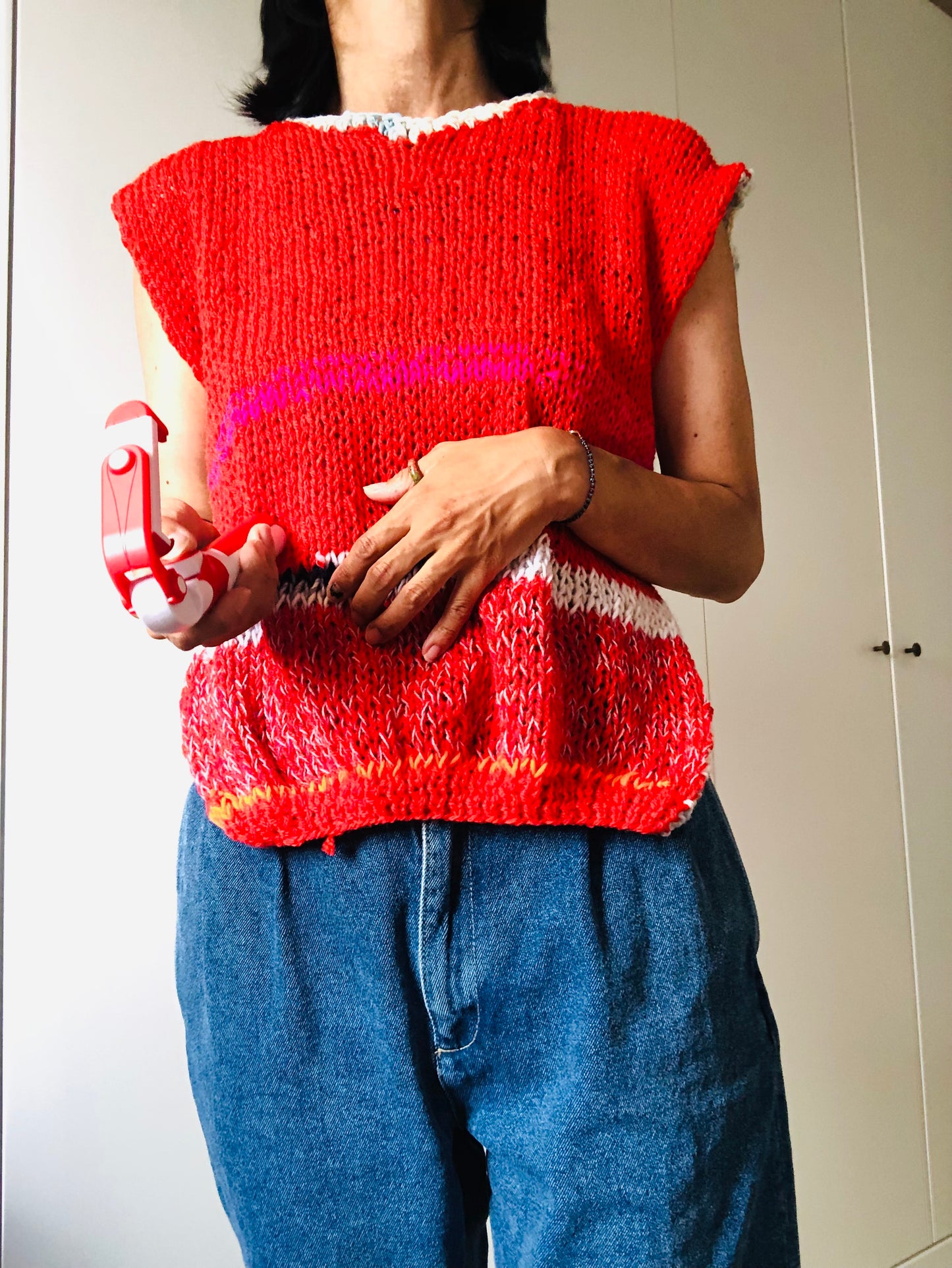 Hand-knitted sweater, slow fashion, fancy yarn, oneofakind, short sleeves, short length, 2257