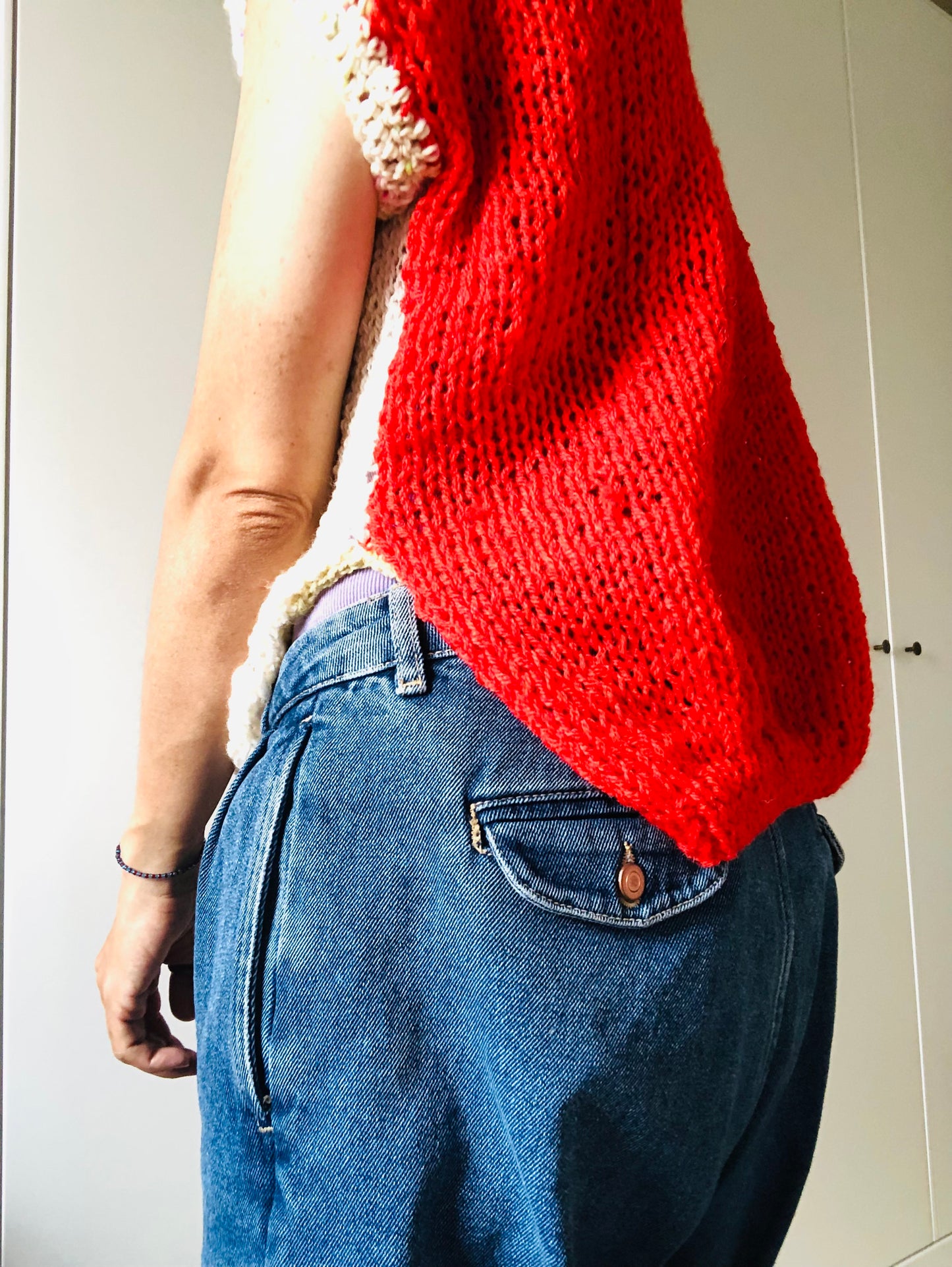 Hand-knitted sweater, slow fashion, fancy yarn, oneofakind, short sleeves, short length, 2256