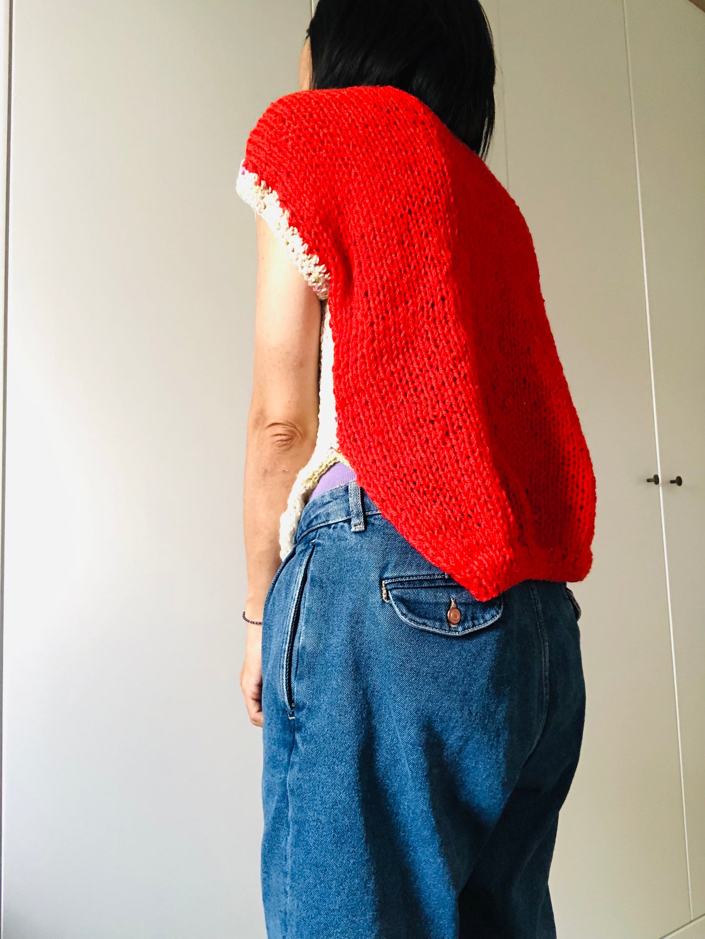 Hand-knitted sweater, slow fashion, fancy yarn, oneofakind, short sleeves, short length, 2256