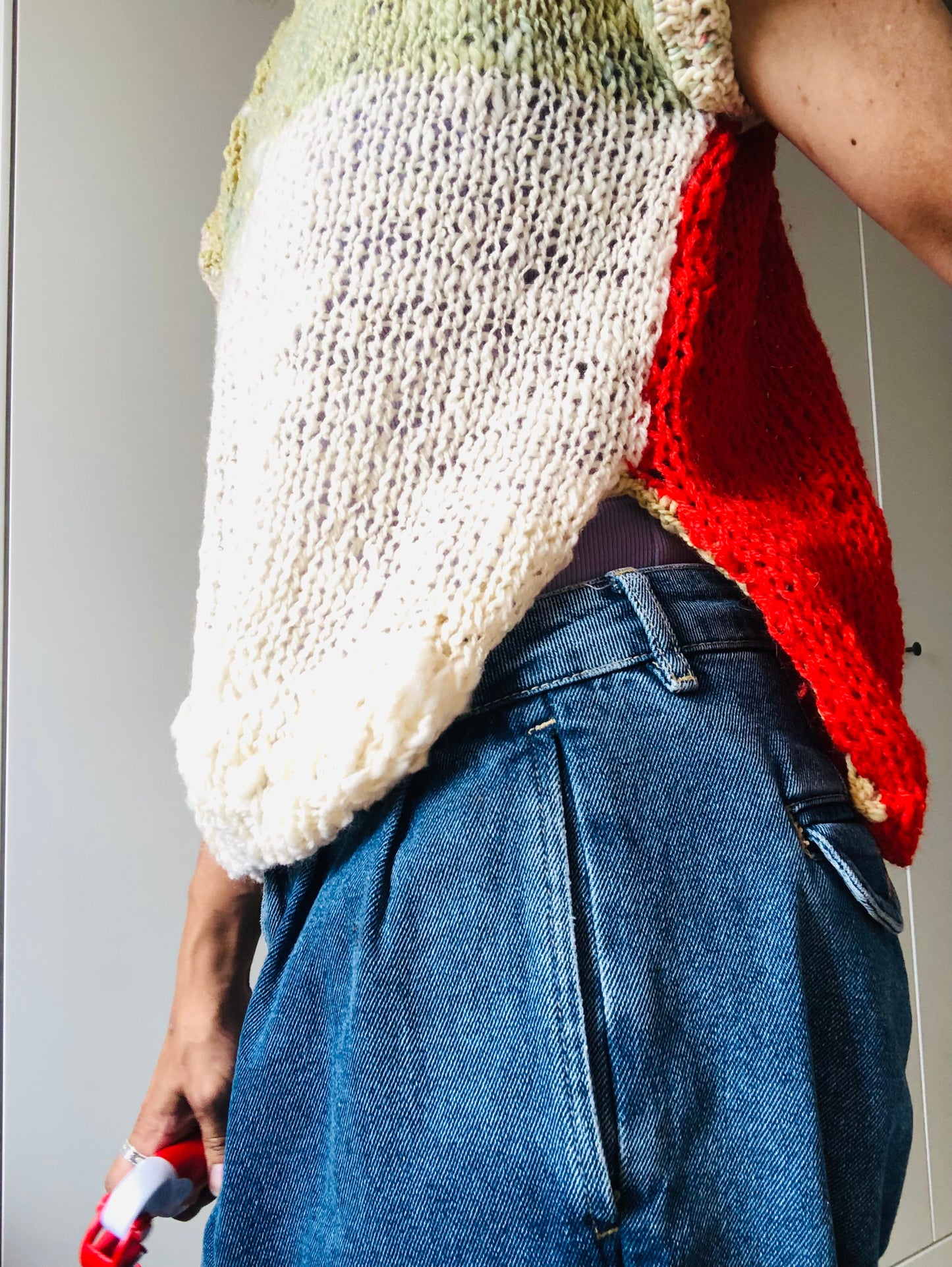 Hand-knitted sweater, slow fashion, fancy yarn, oneofakind, short sleeves, short length, 2256