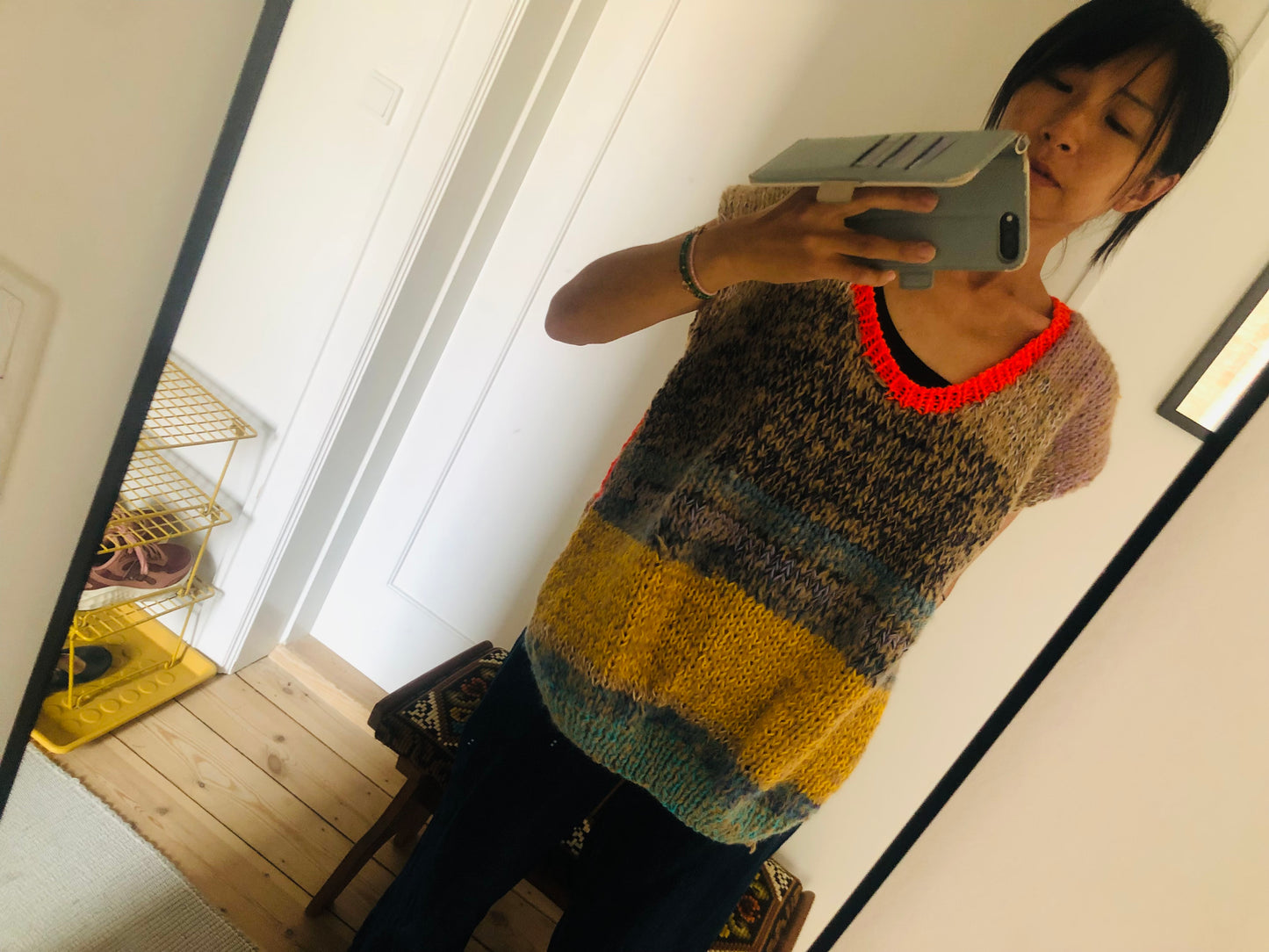 Hand-knitted sweater, slow fashion, fancy yarn, oneofakind, short sleeves, short length, 2272