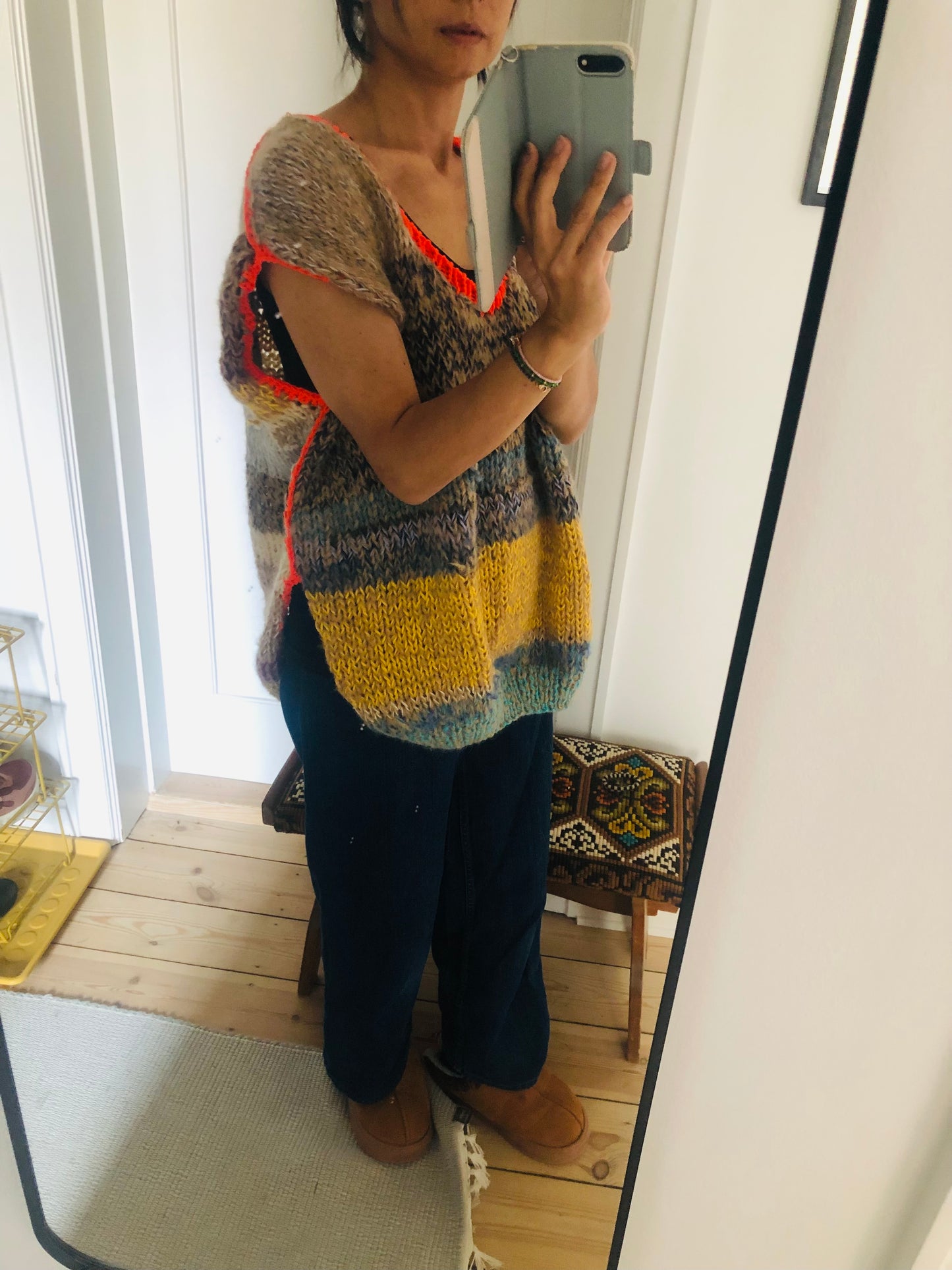 Hand-knitted sweater, slow fashion, fancy yarn, oneofakind, short sleeves, short length, 2272