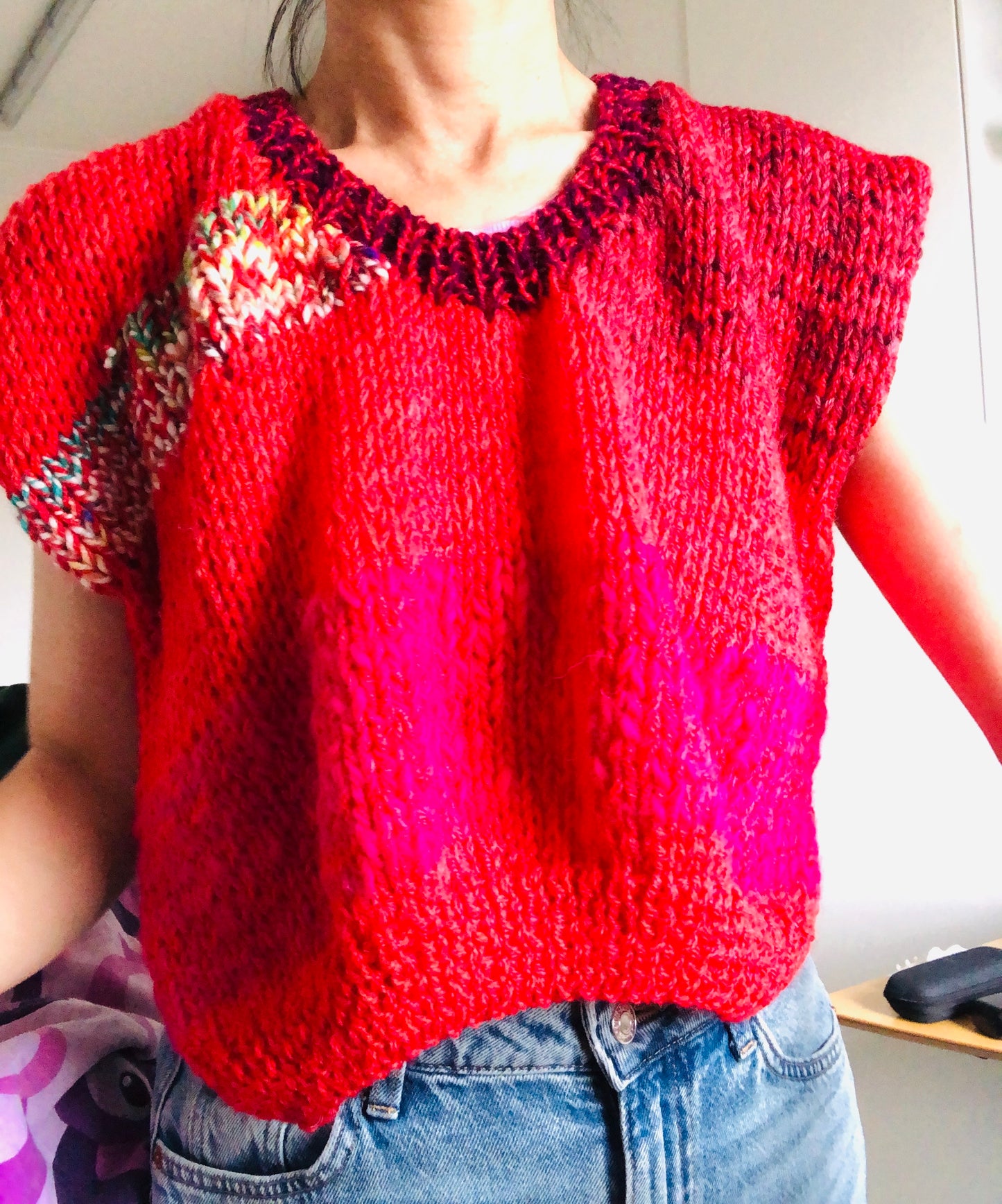 Hand-knitted sweater, slow fashion, fancy yarn, oneofakind, short sleeves, short length, 2273